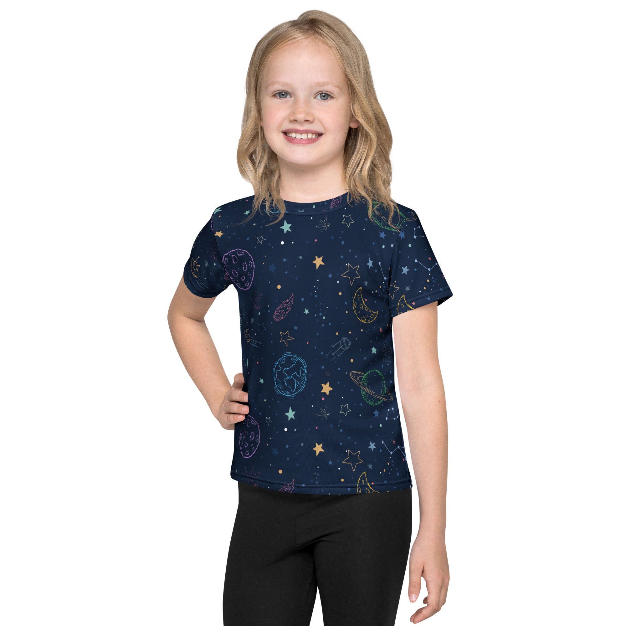 Navy blue kids colorful galaxy t-shirt with short sleeves featuring playful pastel space-themed print