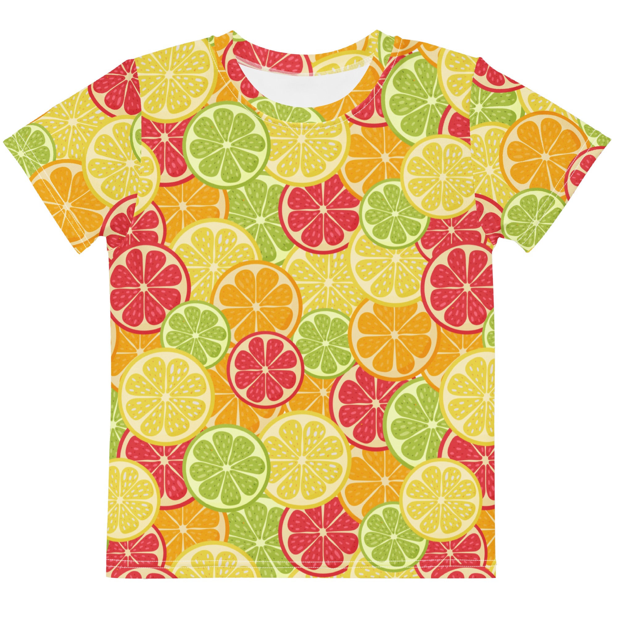 Kids citrus fruit t-shirt with vibrant short sleeves and all-over print of sliced yellow green and red citrus fruits