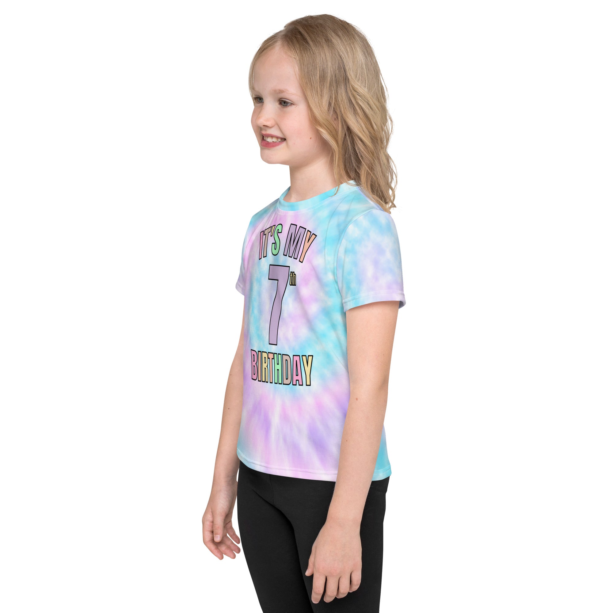 Pastel faux tie dye girls t shirt with colorful outlined its my 7th birthday print for birthday celebrations
