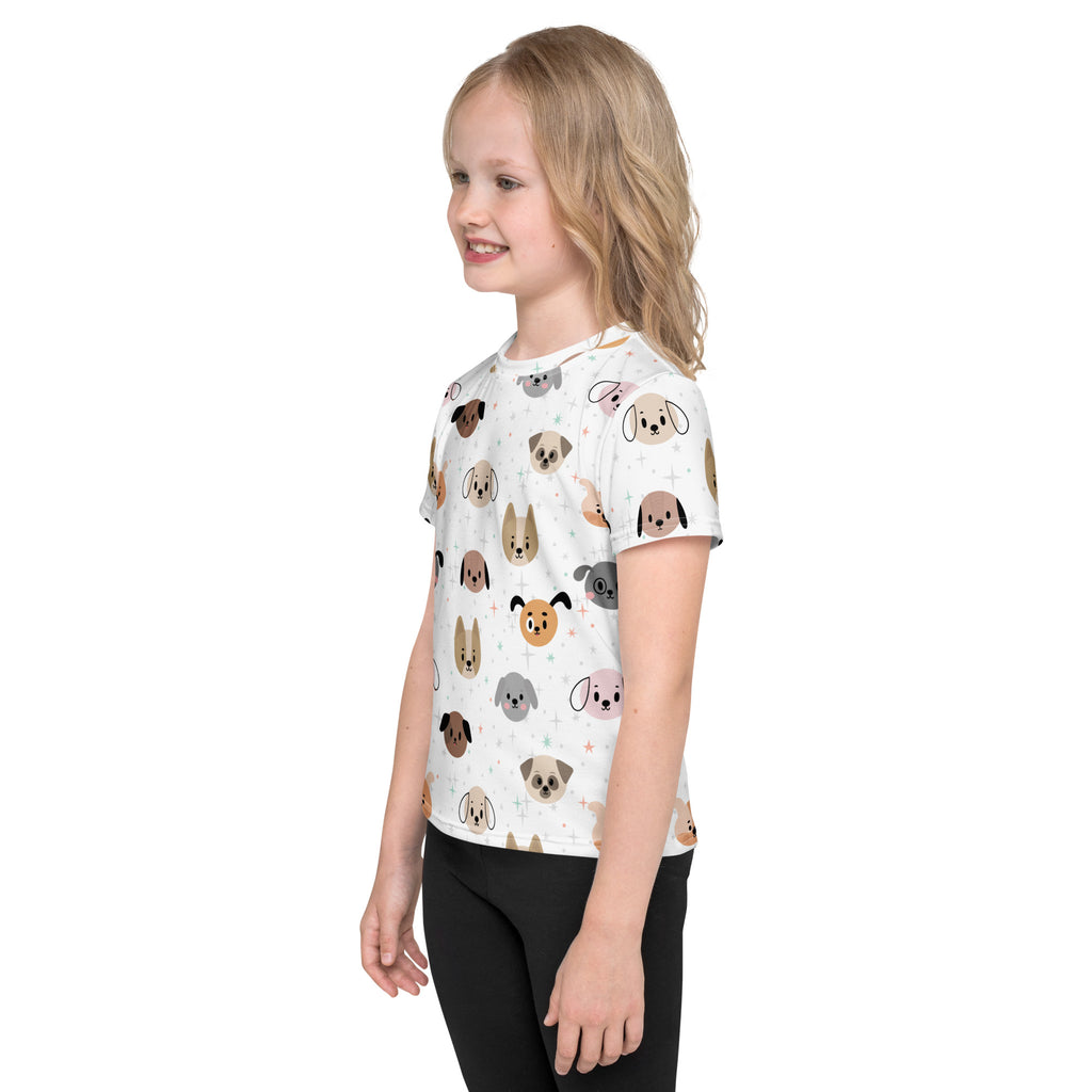 White short-sleeved kids dog face t-shirt with colorful cartoon dog pattern for casual wear