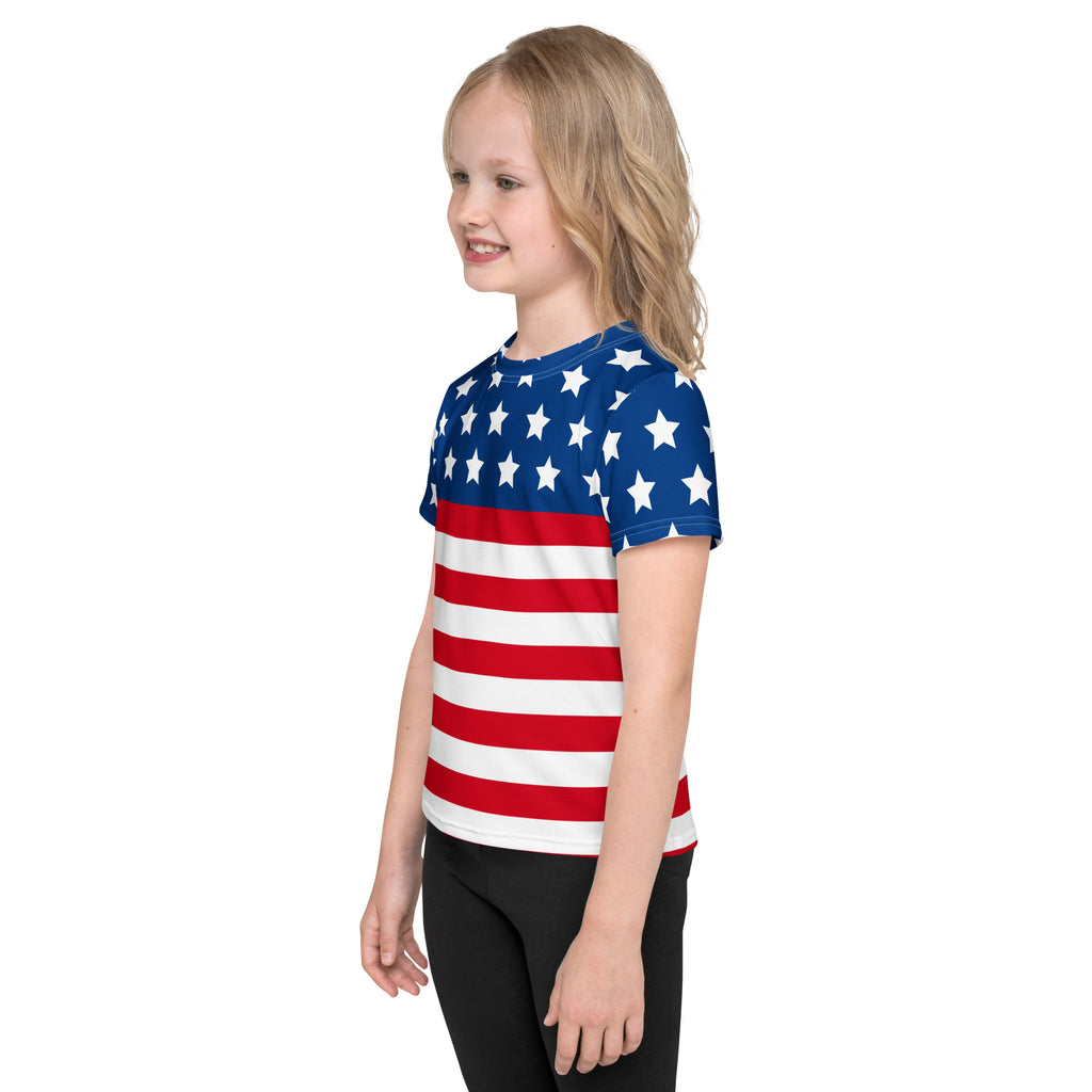 Kids american flag t-shirt with short sleeves featuring a full blue white and red american flag design