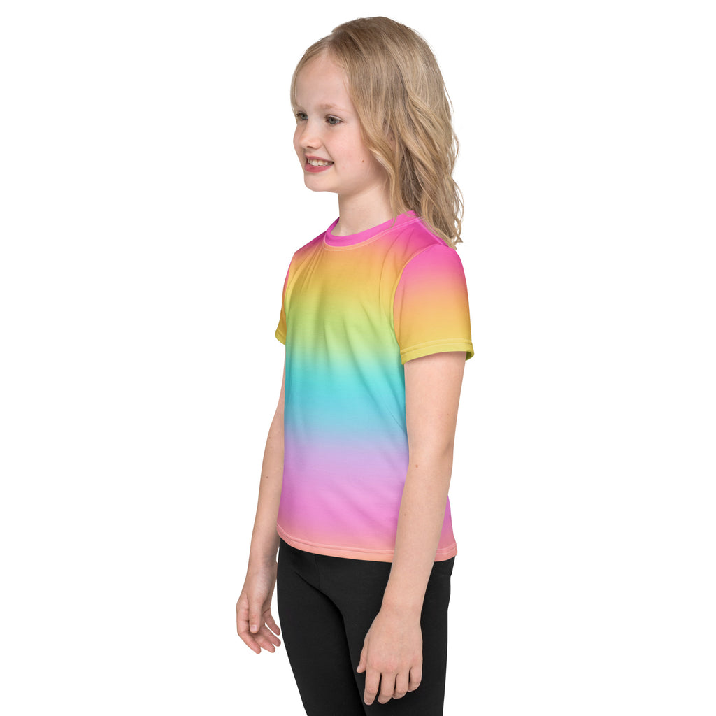Girls bright rainbow t-shirt with short sleeves and a round neckline featuring a colorful gradient design