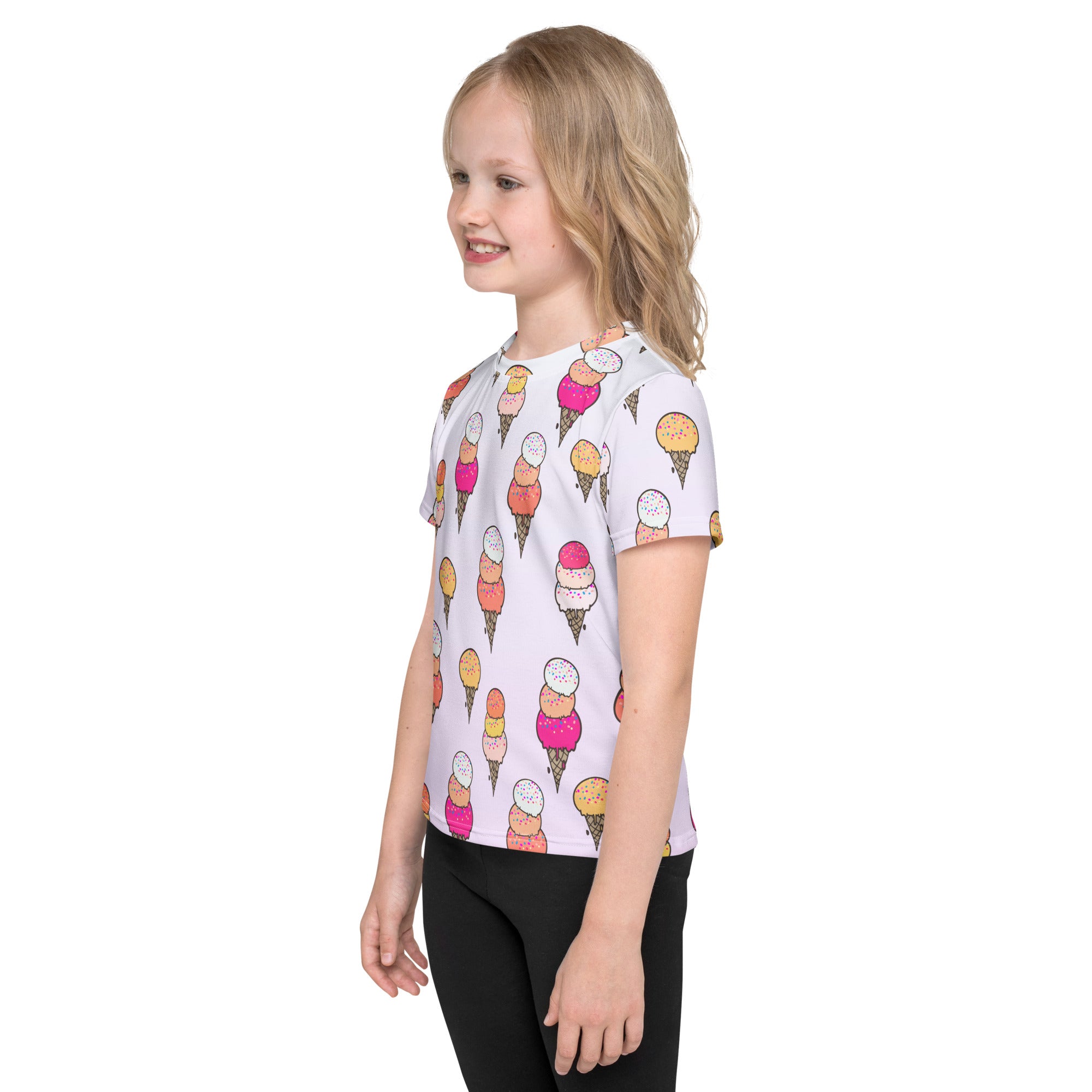 White short-sleeved girls t-shirt with colorful pink orange and yellow ice cream cone pattern perfect for summer wear