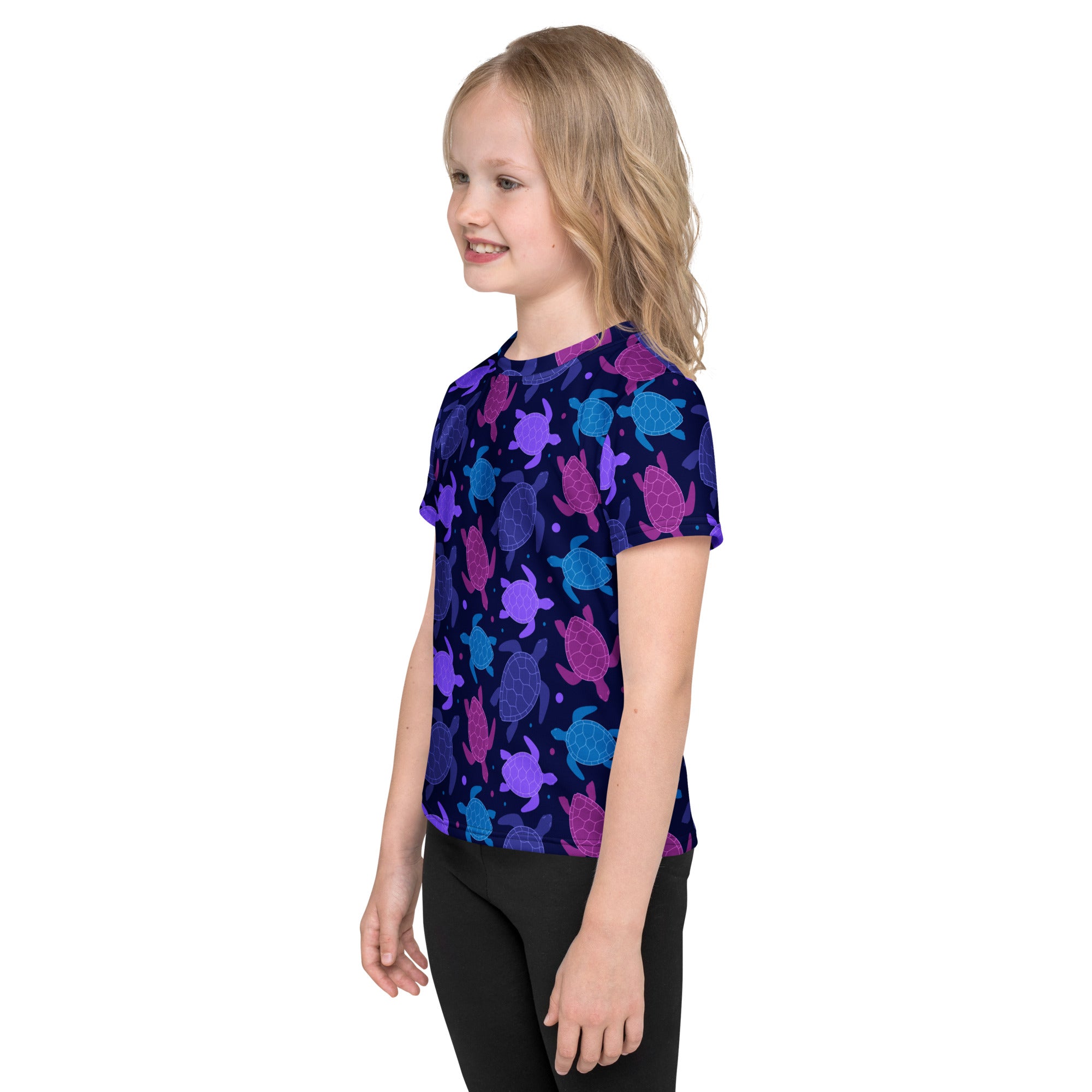 Girls purple sea turtle t-shirt navy blue short-sleeved with vibrant purple pink and teal sea turtle pattern