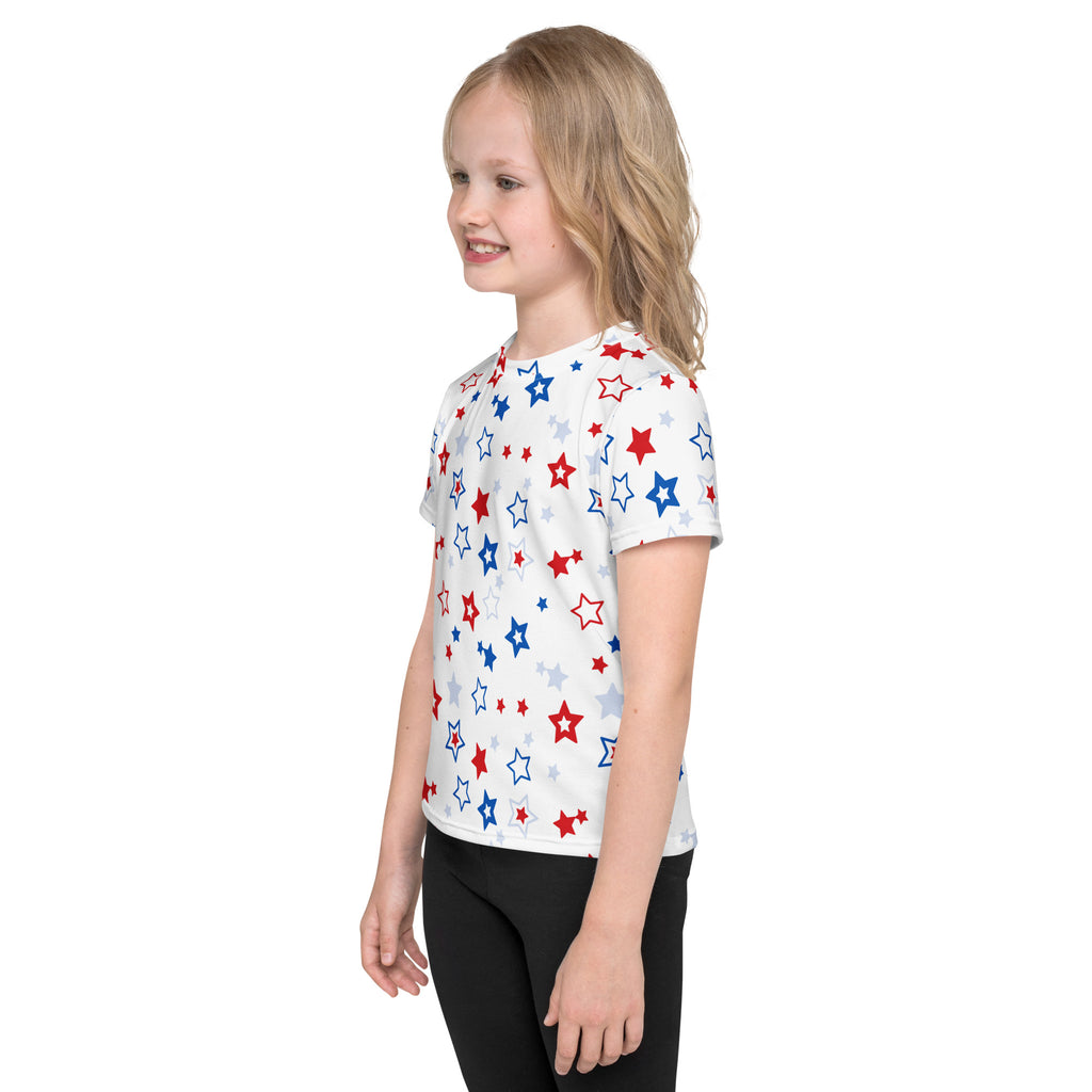 White short-sleeved kids t-shirt with red blue and silver star pattern for casual patriotic wear