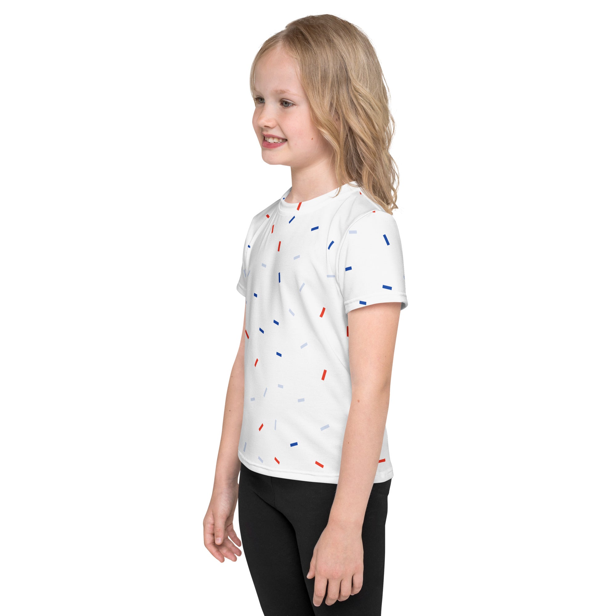 Kids red white and blue sprinkles t-shirt white short-sleeved with playful red blue and gray confetti stripe pattern