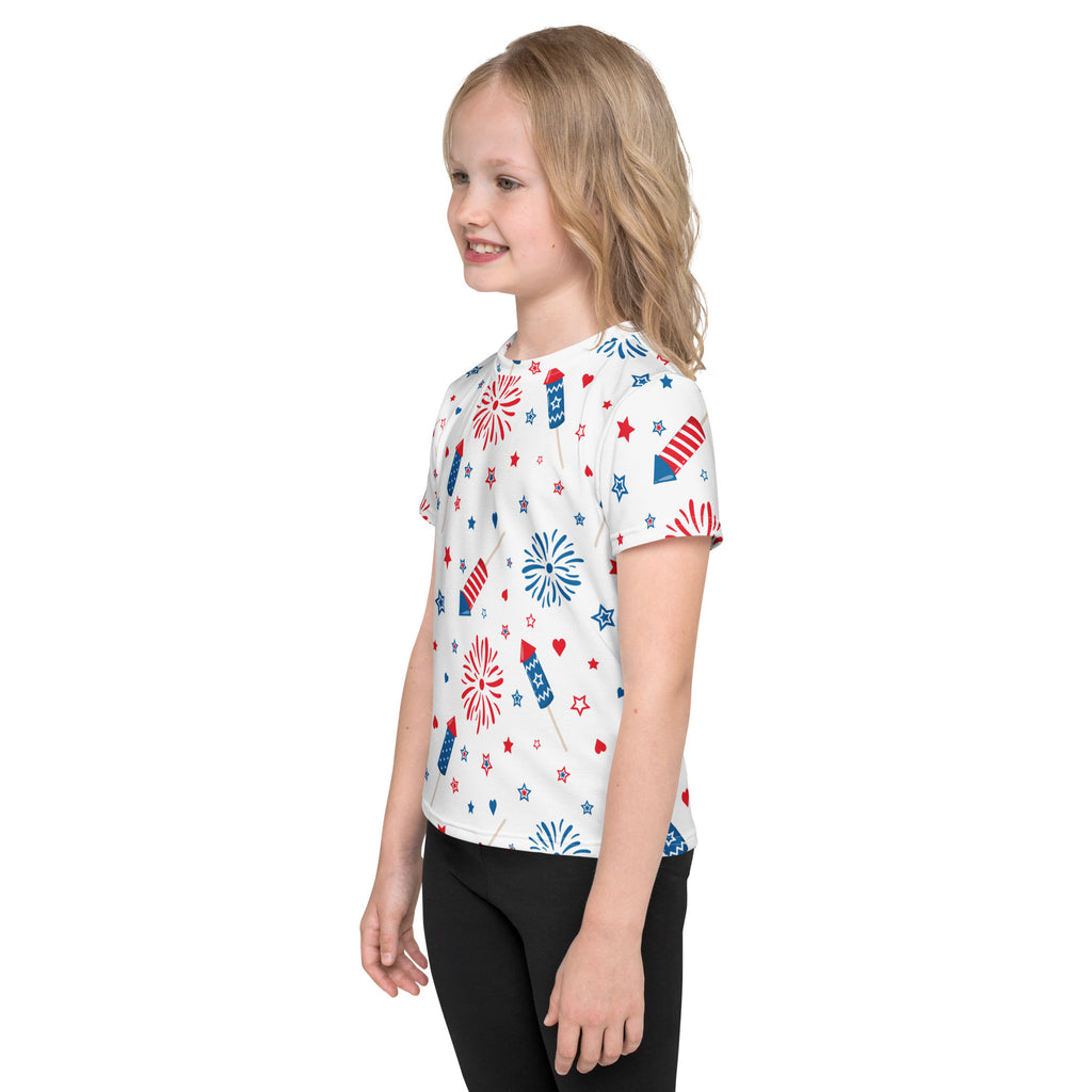 White kids short-sleeved t-shirt with red white and blue fireworks stars and hearts pattern for festive wear