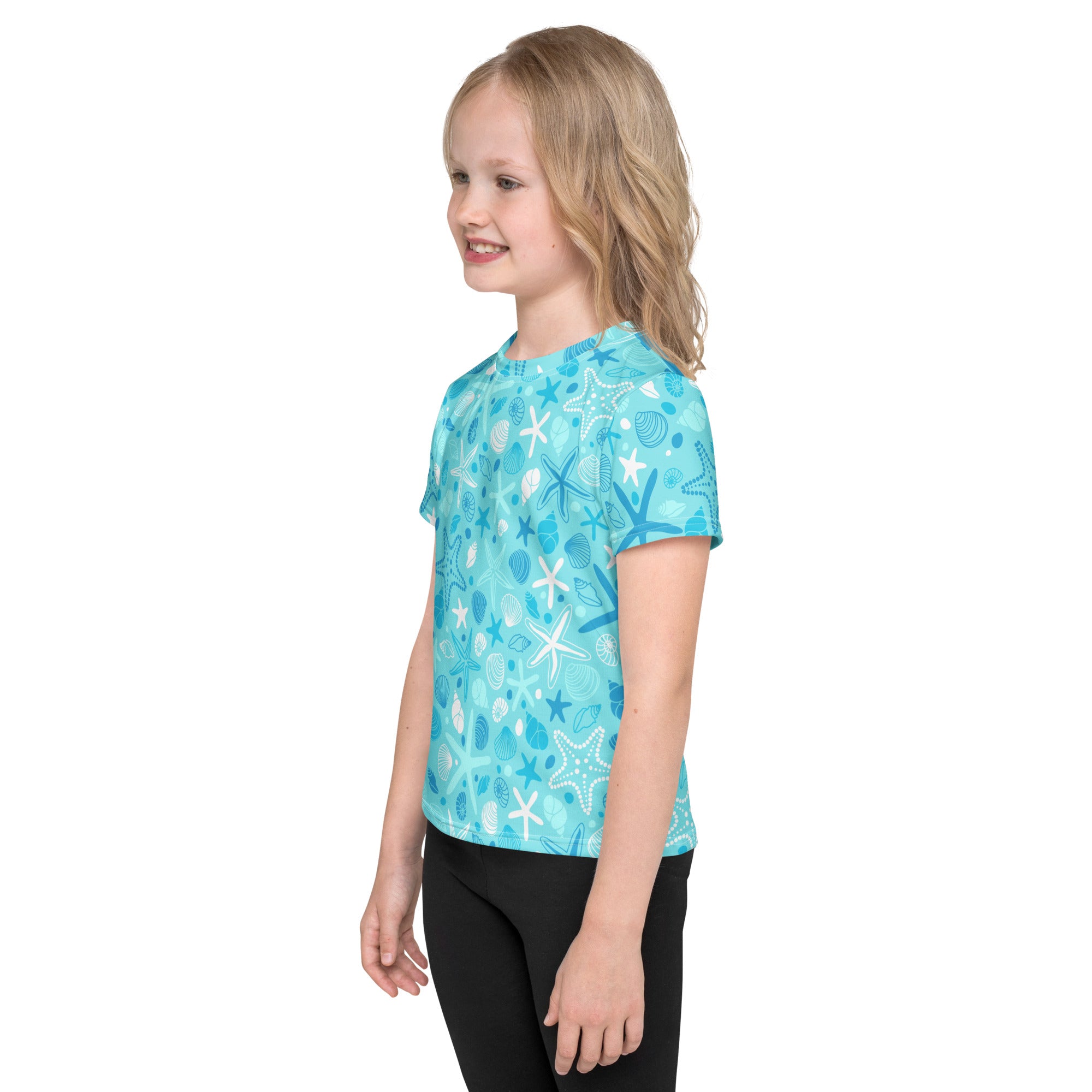 Kids ocean starfish t shirt turquoise short sleeved with white and dark blue ocean themed patterns for casual wear