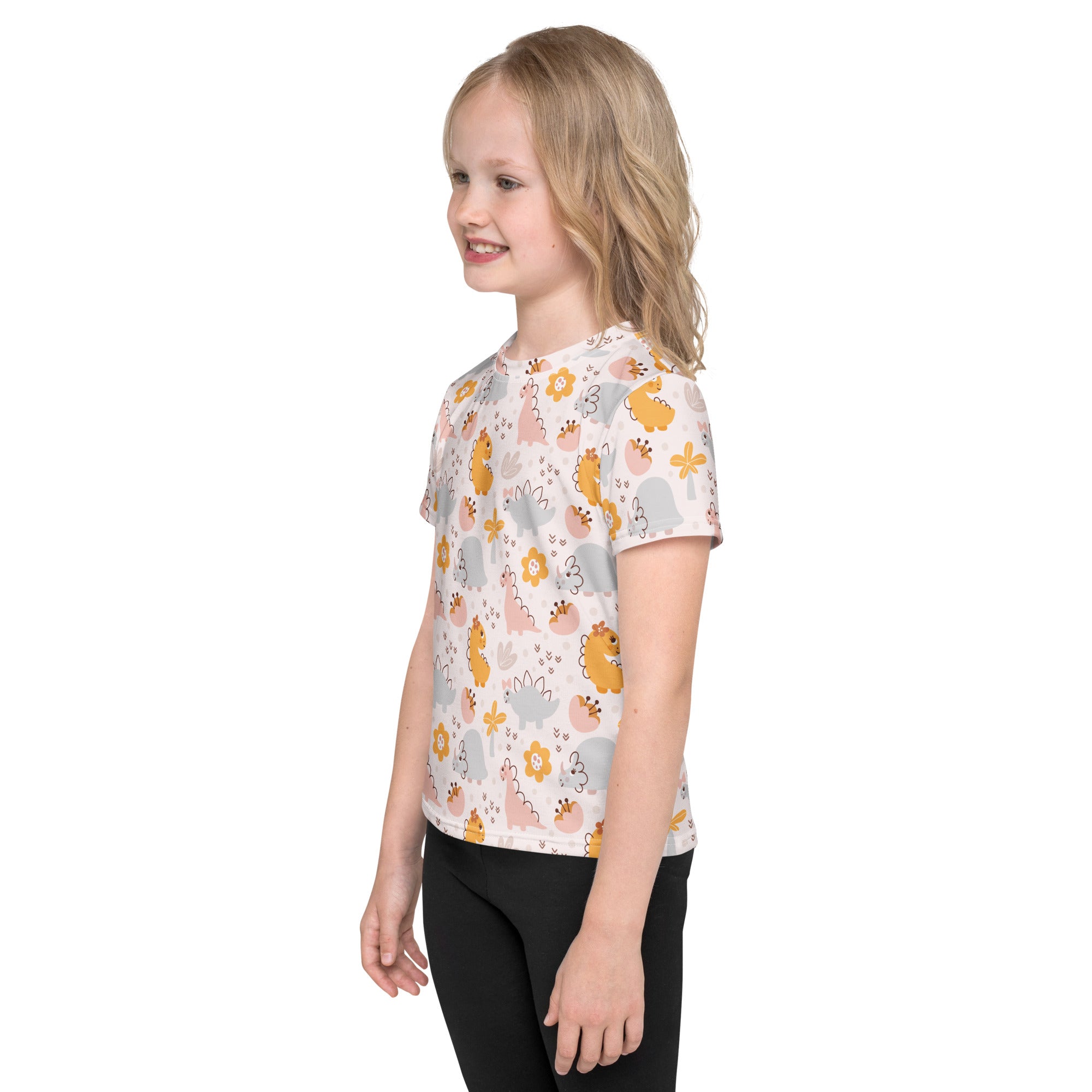 Girls floral dinosaur short-sleeved t-shirt with playful yellow pink and gray cartoon dinosaurs on white cotton fabric