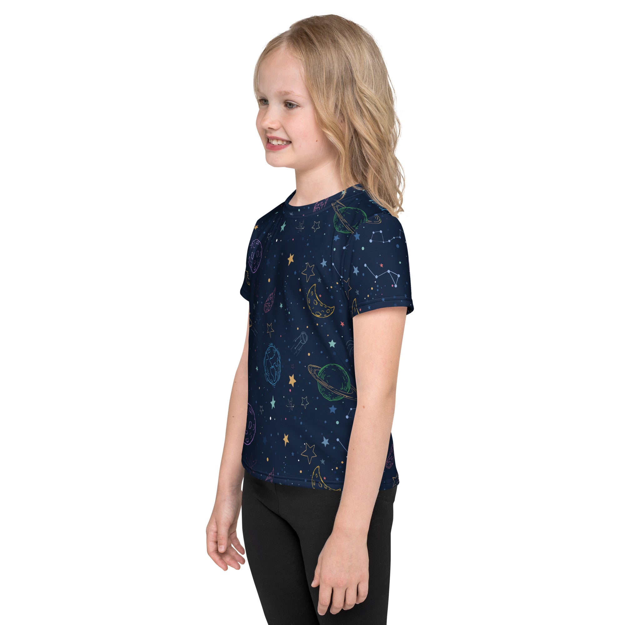 Kids colorful galaxy t-shirt is a navy blue short-sleeved shirt with a glowing space-themed print of stars planets and constellations
