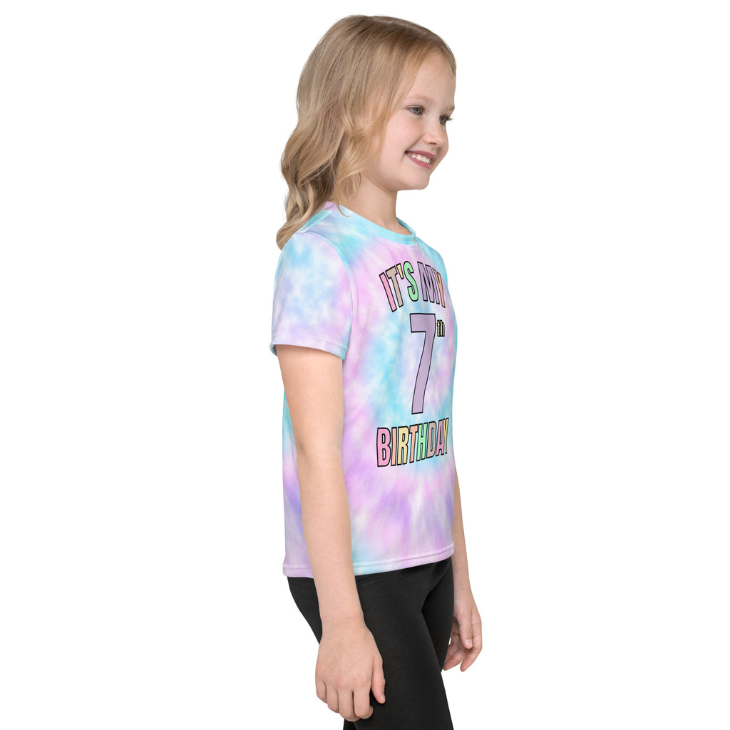 Pastel tie dye cotton girls t-shirt with its my 7th birthday colorful rainbow gradient print for birthdays