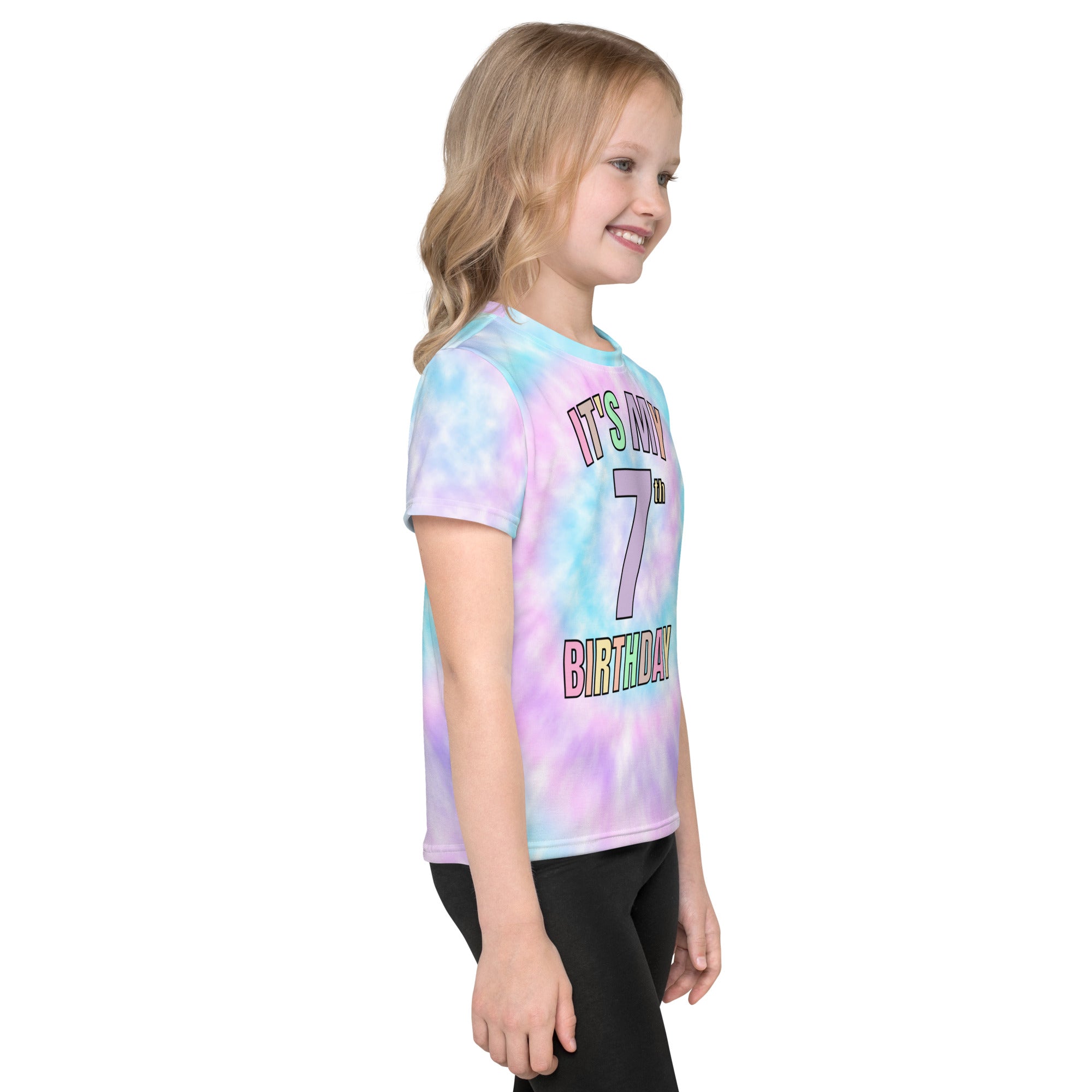 Pastel tie dye cotton girls t-shirt with its my 7th birthday colorful rainbow gradient print for birthdays
