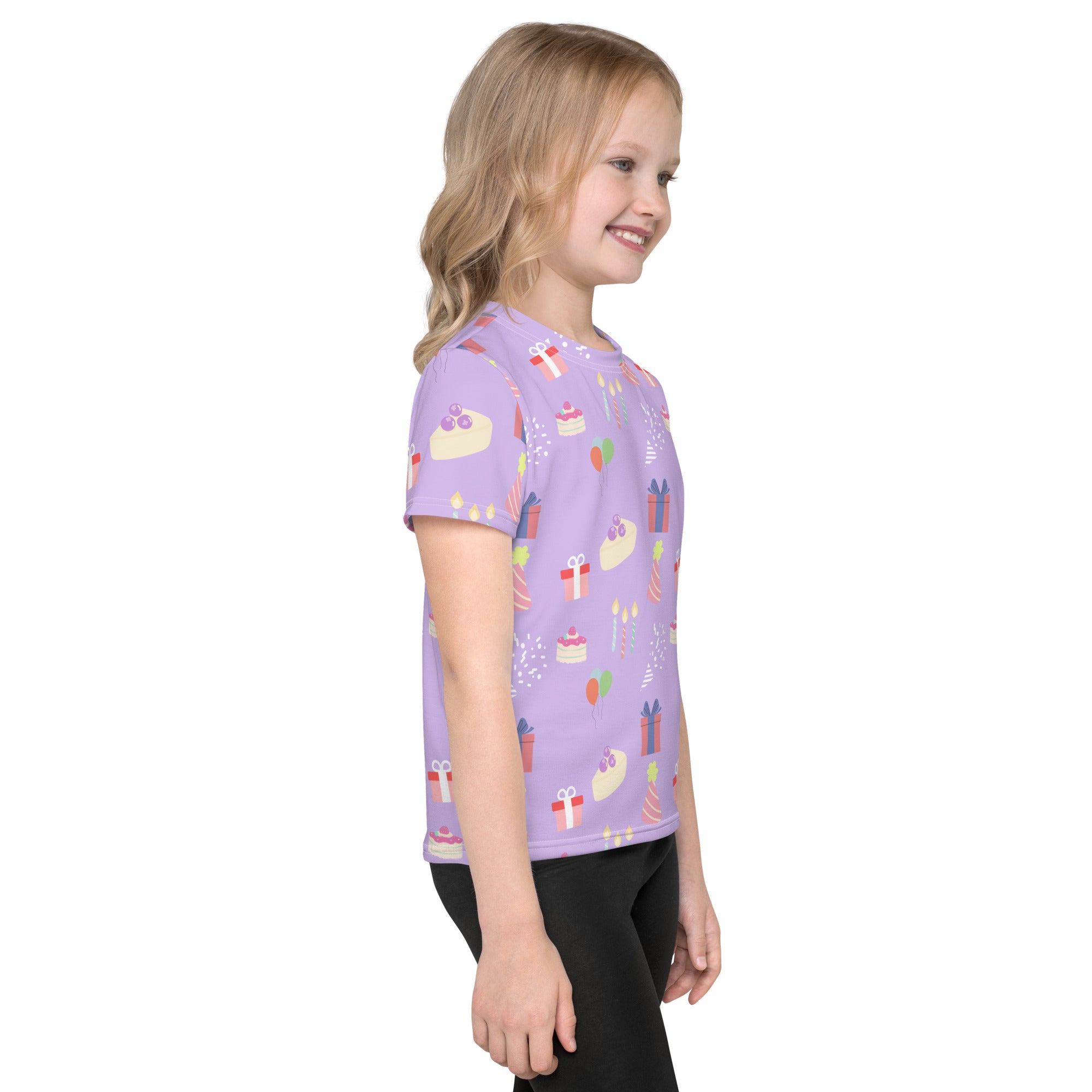 Girls birthday pattern t-shirt lavender short-sleeved with playful cupcakes gift boxes and balloons print