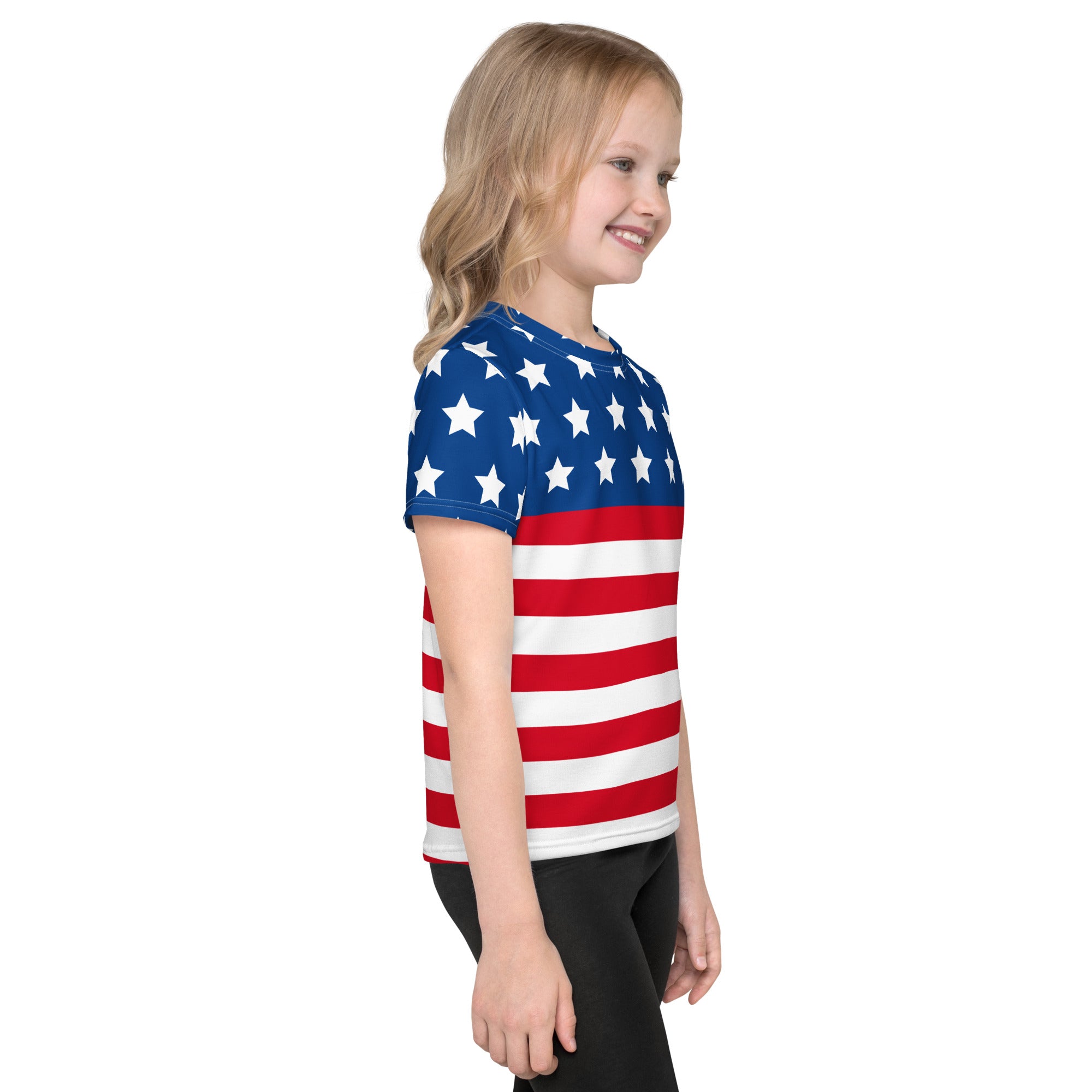 Kids american flag t-shirt featuring a full print of white stars on blue and red and white stripes on short sleeves