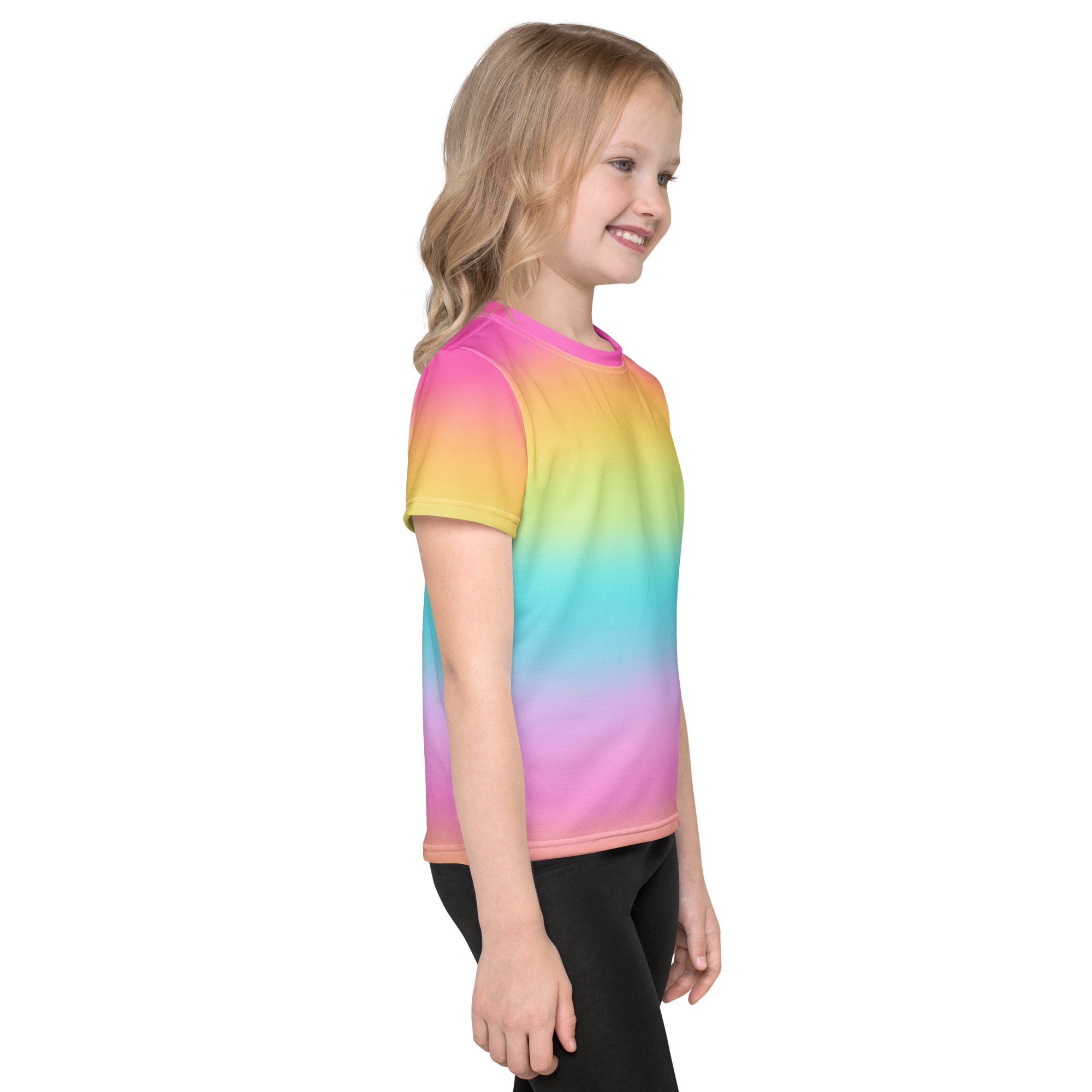 Girls bright rainbow t-shirt with short sleeves and round neckline featuring a colorful gradient design