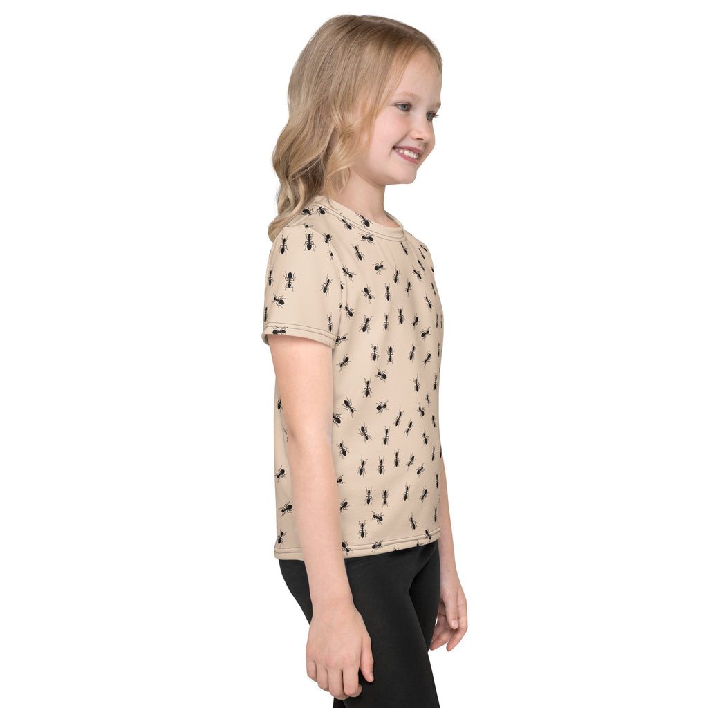 Beige kids short-sleeved t-shirt with black ant pattern perfect for casual wear