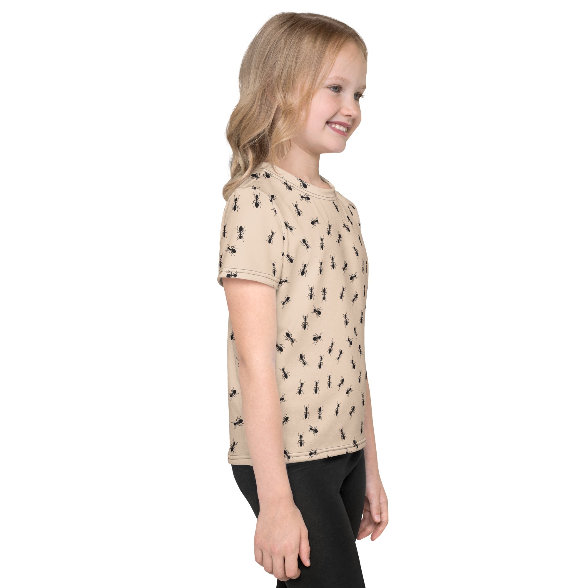 Beige kids short-sleeved t-shirt with black ant pattern perfect for casual wear