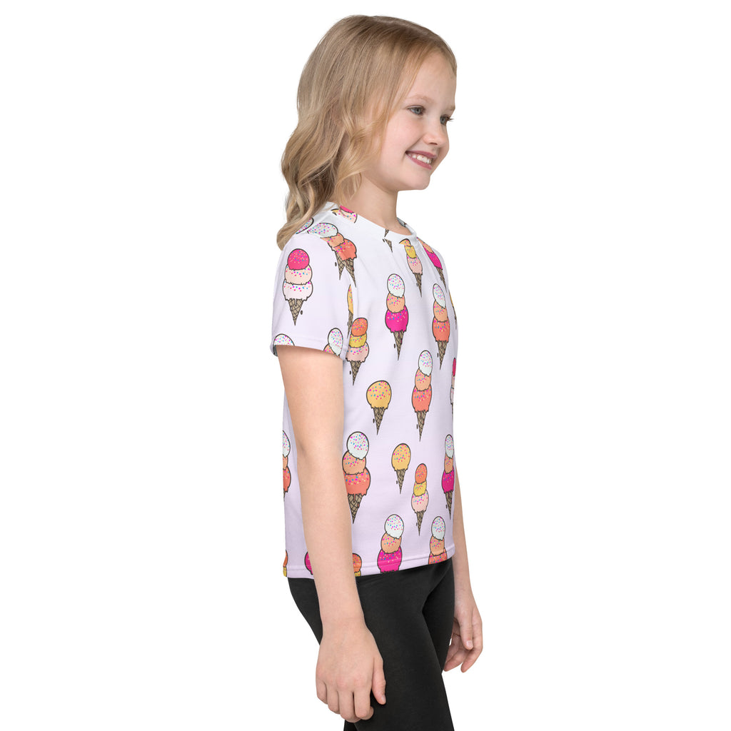 Girls ice cream cone t-shirt white short-sleeved with colorful pink orange and yellow ice cream cone pattern