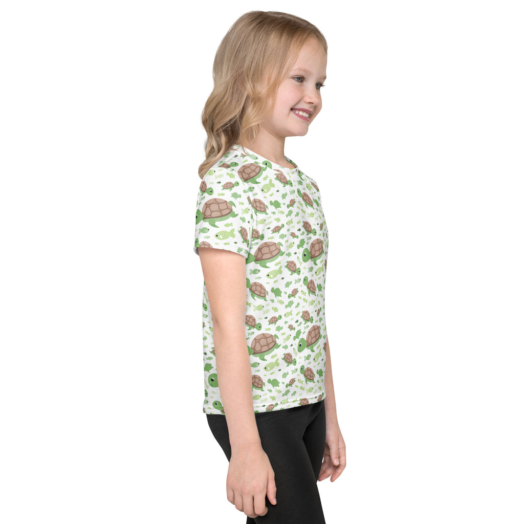 Kids green sea turtles t-shirt white short-sleeved cotton tee with playful brown and green turtle pattern