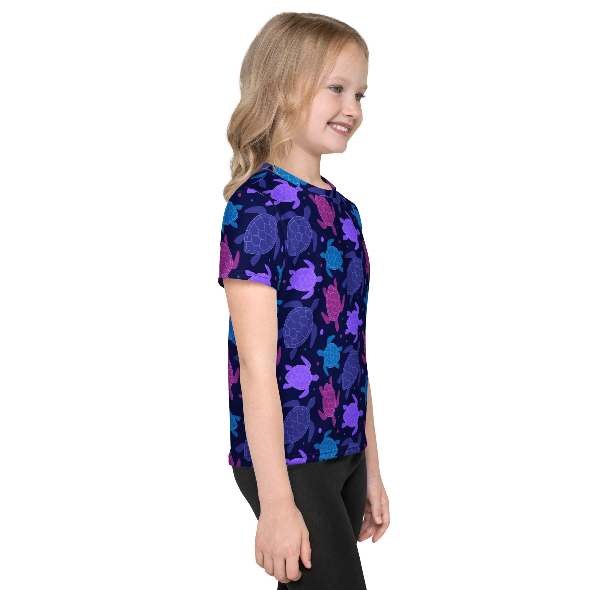 Girls purple sea turtle t-shirt navy blue short-sleeved with playful purple pink and teal sea turtle pattern