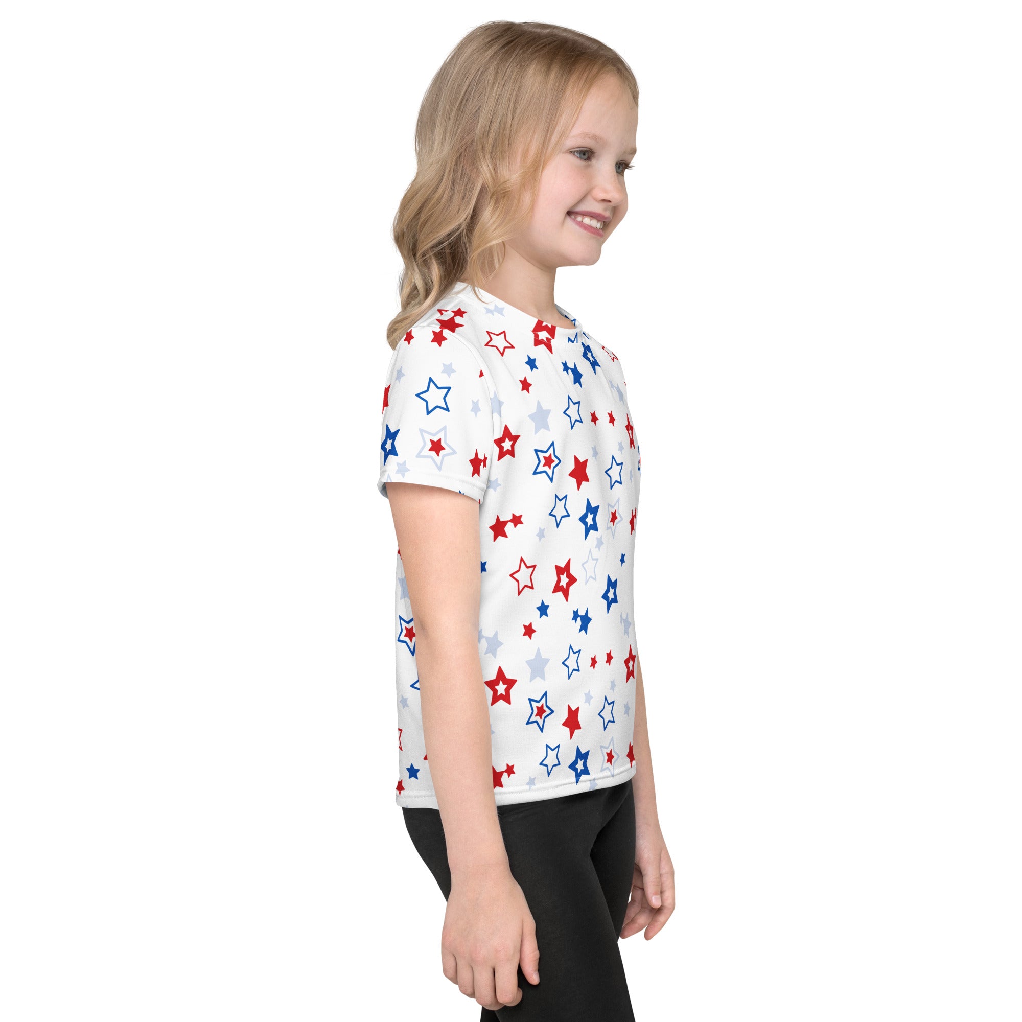 White short-sleeved kids t-shirt with a playful pattern of red blue and silver stars ideal for casual wear