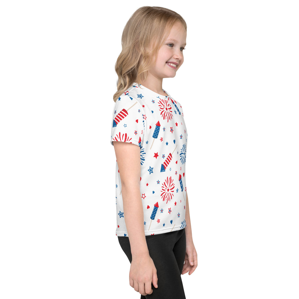White kids short-sleeved t-shirt with red and blue fireworks and star patterns perfect for festive occasions