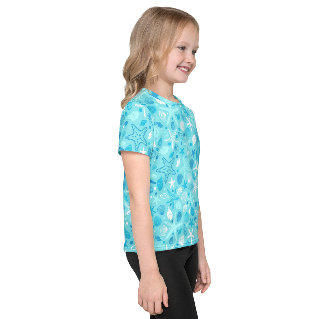 Kids ocean starfish t shirt turquoise short sleeved with white and light blue starfish seashells and seaweed pattern