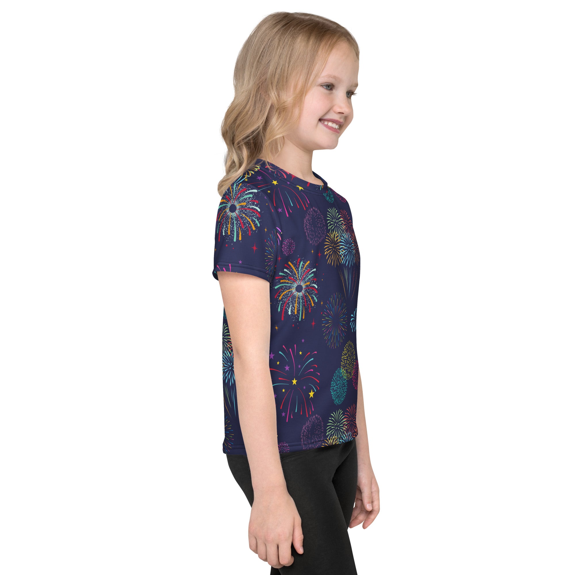 A navy blue kids short-sleeved t-shirt with vibrant multicolored fireworks and star pattern for festive wear