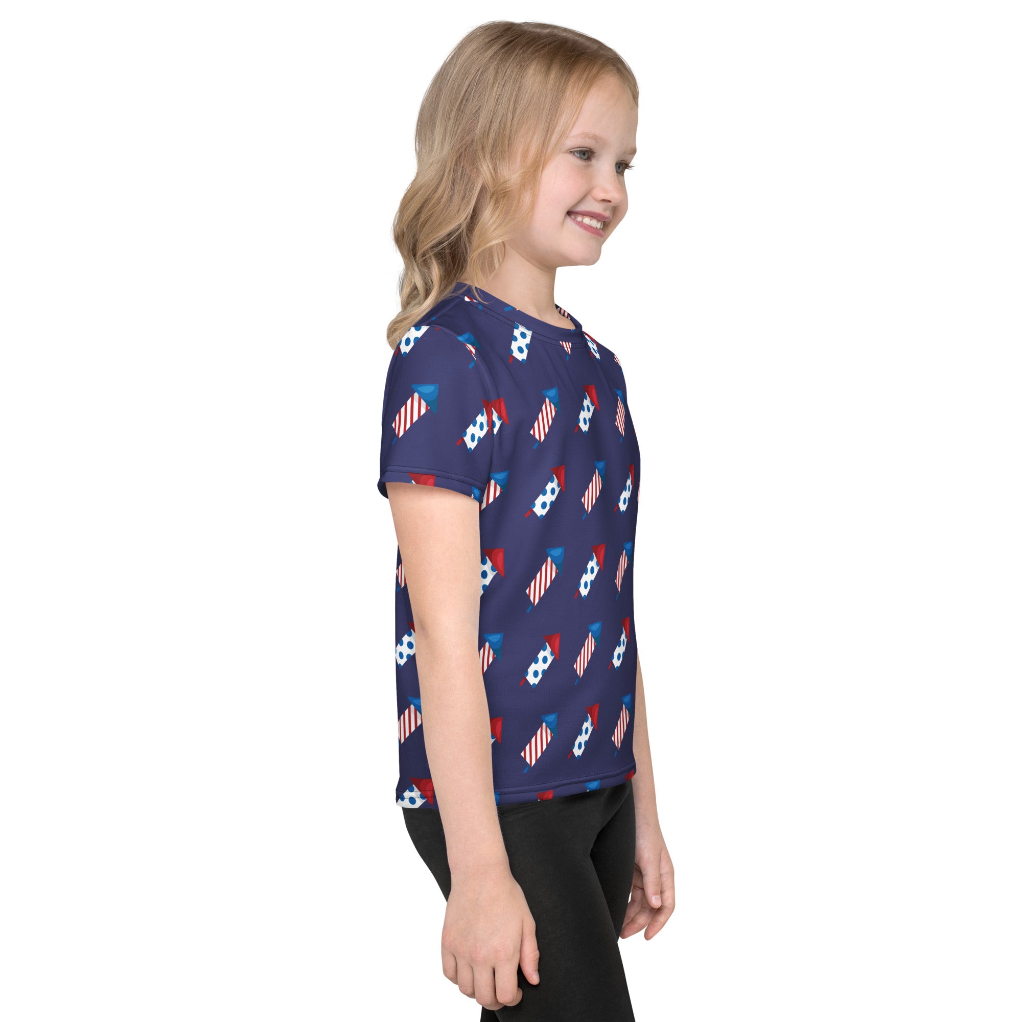Navy blue kids short-sleeved t-shirt with red white and blue fireworks and soccer ball pattern for summer wear