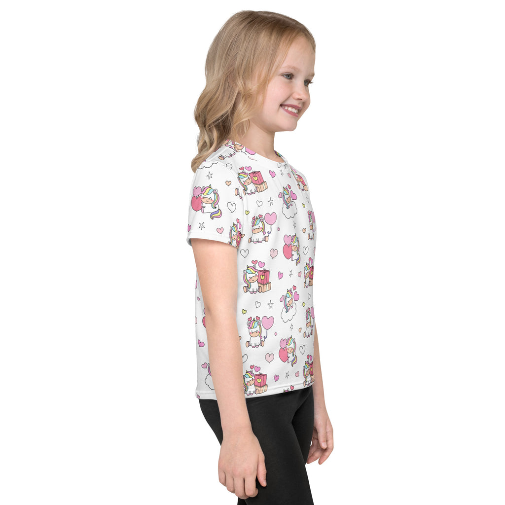 Girls unicorn birthday t-shirt white short-sleeved cotton tee with playful cartoon unicorns hearts and stars pattern