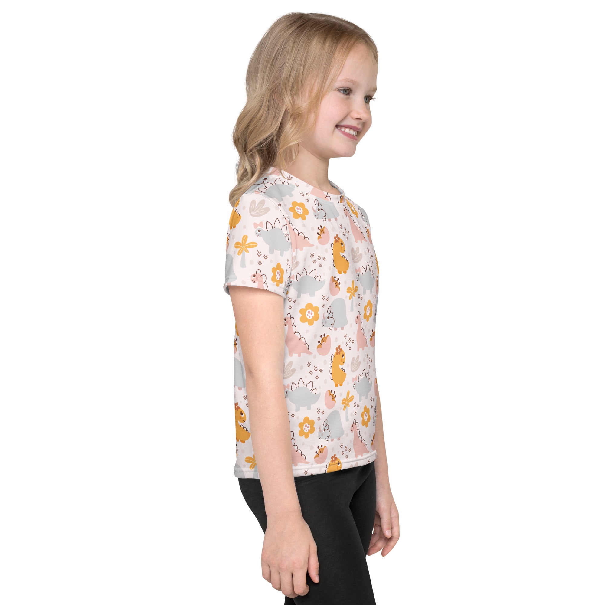 Girls floral dinosaur short-sleeved t-shirt with playful cartoon dinosaur and flower pattern in soft pastel shades