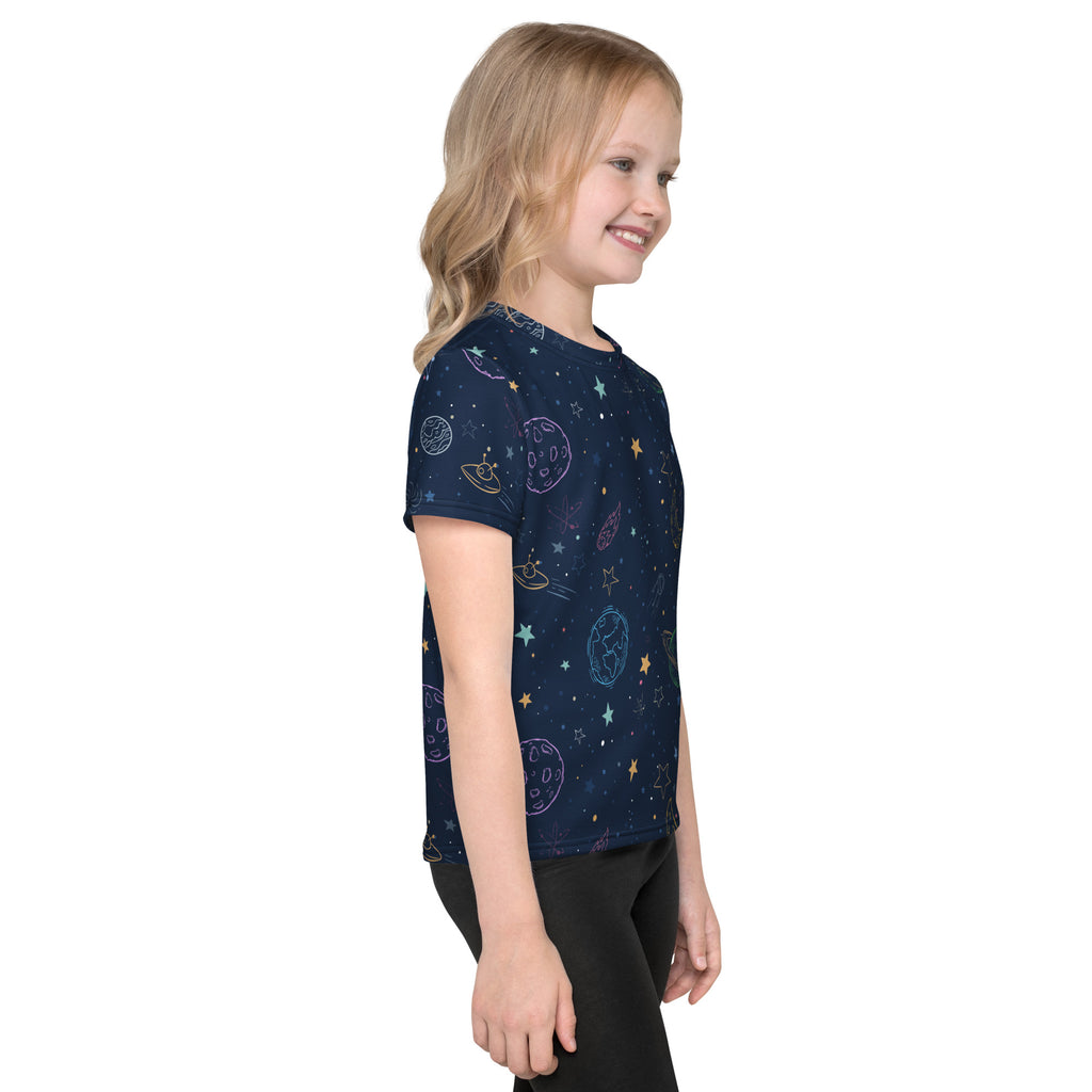 Kids colorful galaxy t-shirt navy blue short-sleeved with playful outlined planets stars and rockets print in pastel hues