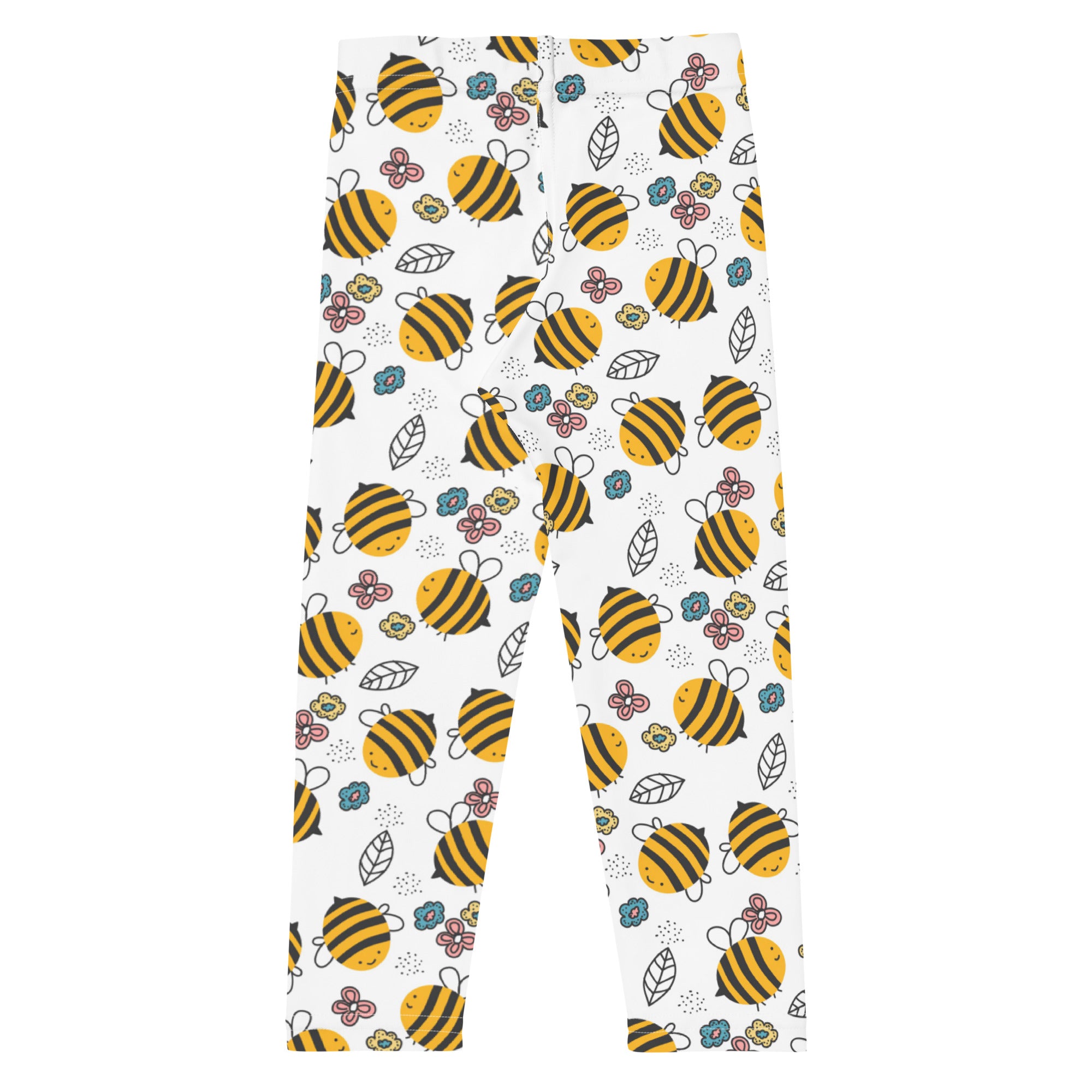 Kids white leggings with cute bee, flower, and leaf print, playful children's clothing