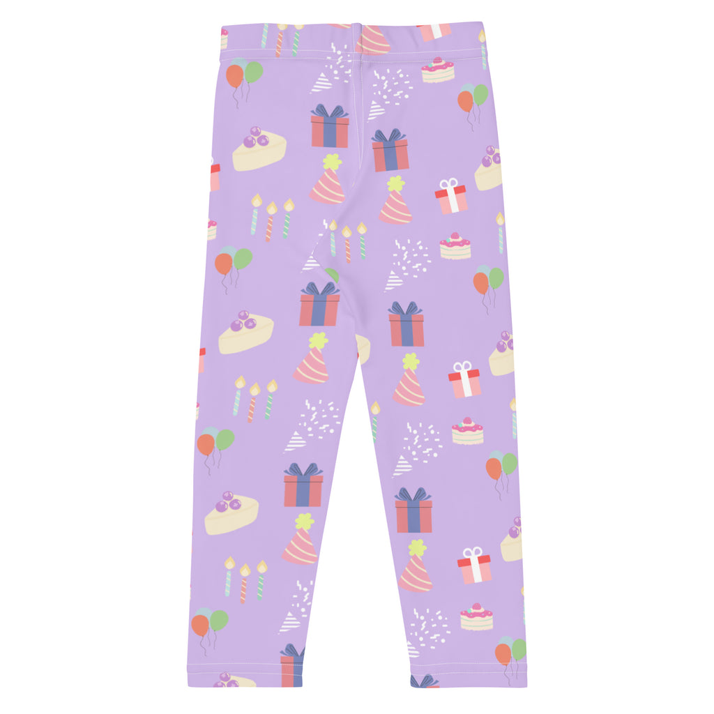 Girls birthday buttery soft purple leggings with colorful birthday gifts cakes hats and balloons pattern