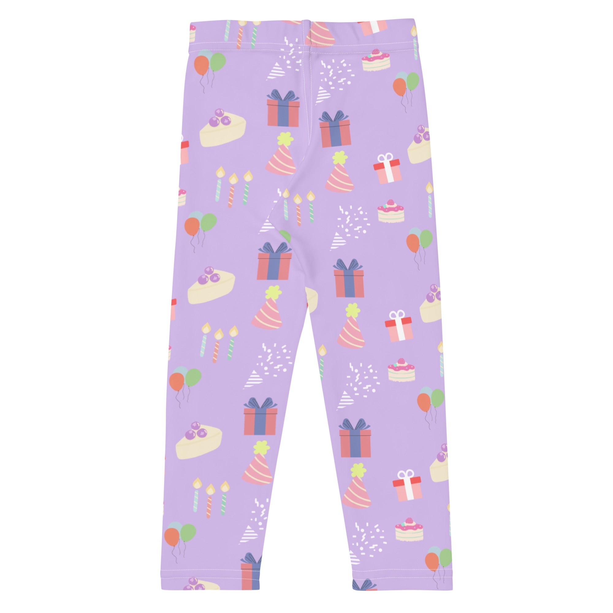 Girls birthday buttery soft purple leggings with colorful birthday gifts cakes hats and balloons pattern