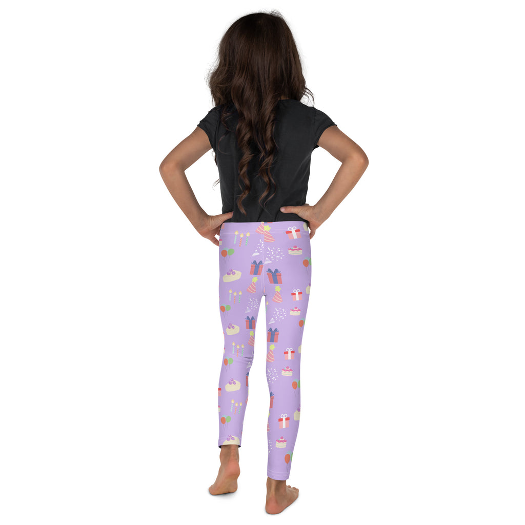 Girls birthday buttery soft purple leggings with playful wrapped gifts cakes and party decorations pattern
