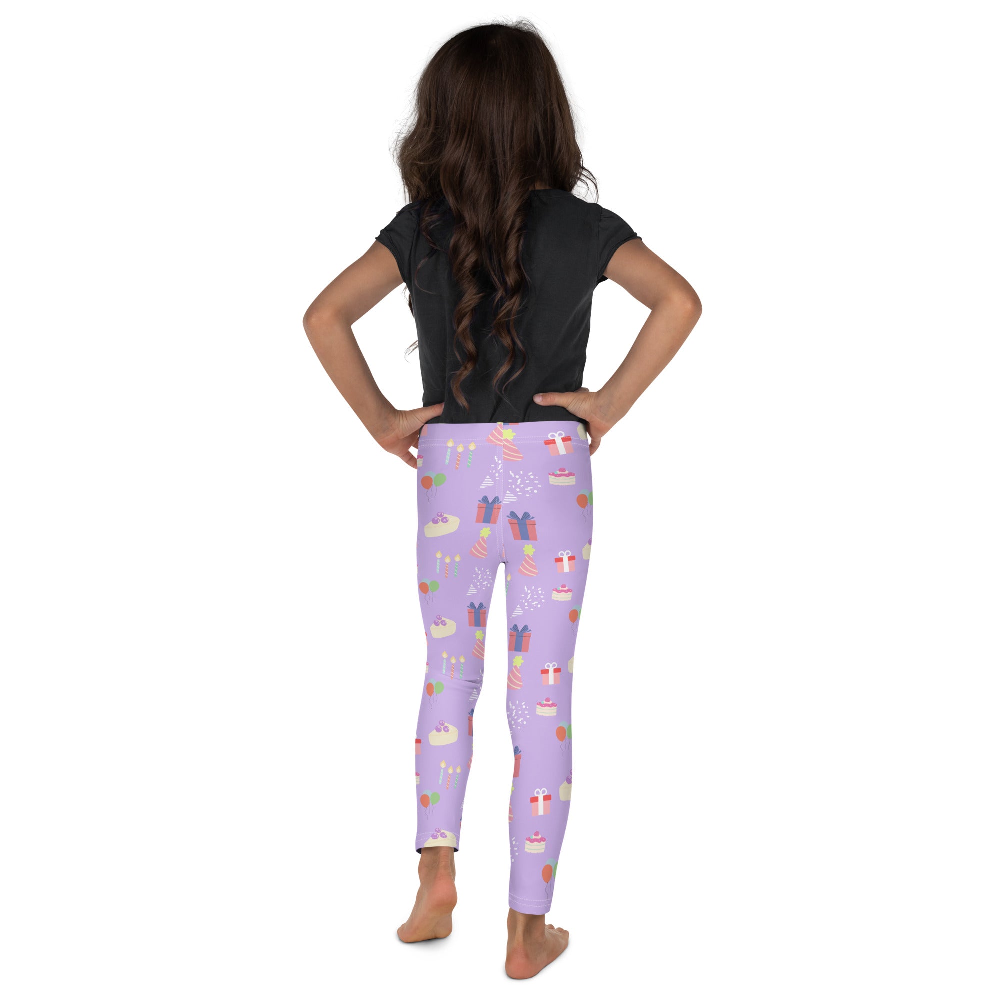 Girls birthday buttery soft purple leggings with playful wrapped gifts cakes and party decorations pattern
