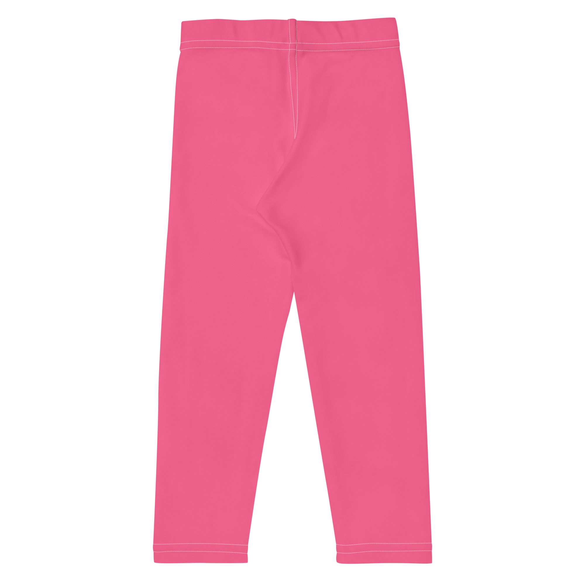 Girls buttery soft pink leggings with bright pink seamless fabric, elastic waistband, and white stitched seams