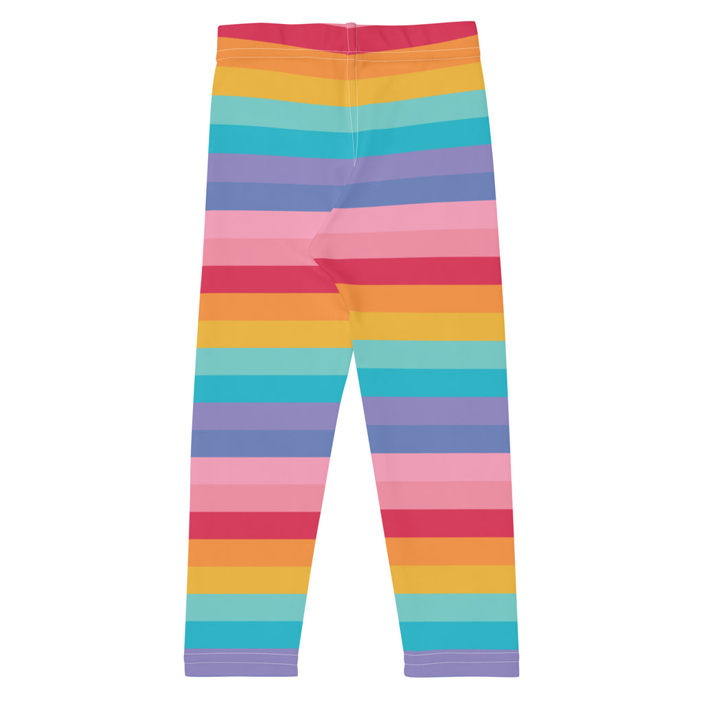 Girls bright rainbow striped buttery soft leggings featuring vibrant horizontal pink orange yellow teal and purple hues