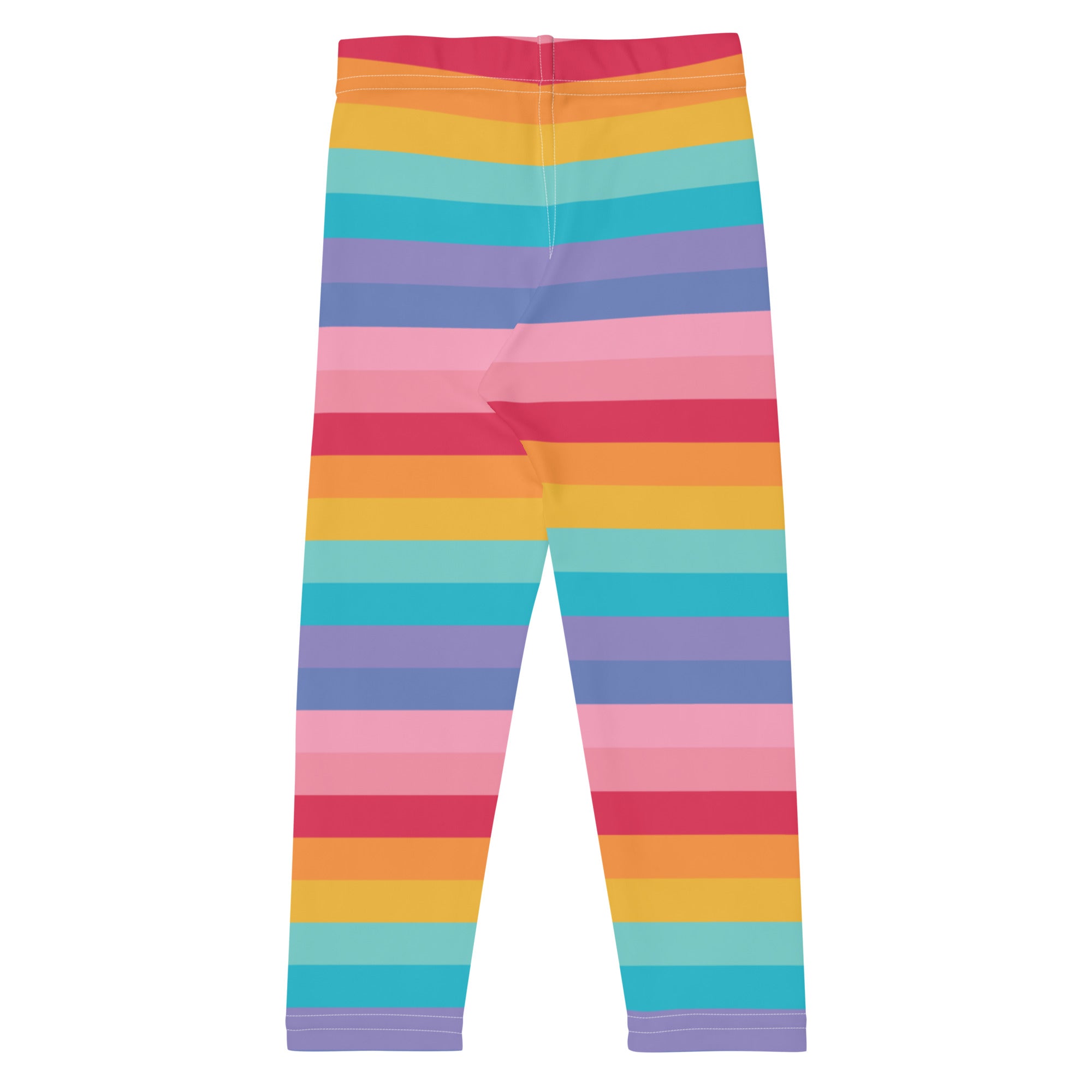 Girls bright rainbow striped buttery soft leggings featuring vibrant horizontal pink orange yellow teal and purple hues