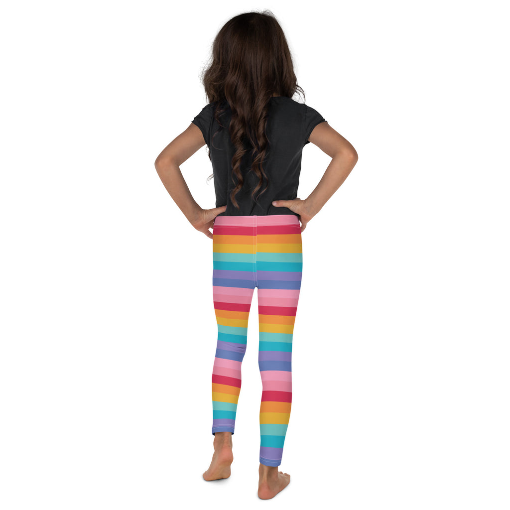 Girls bright rainbow striped buttery soft leggings with vibrant pink orange yellow green blue and purple bands
