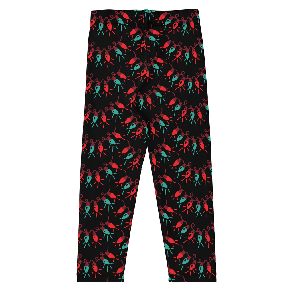 Kids christmas lights buttery soft black leggings with festive red and teal christmas lights on pink wires