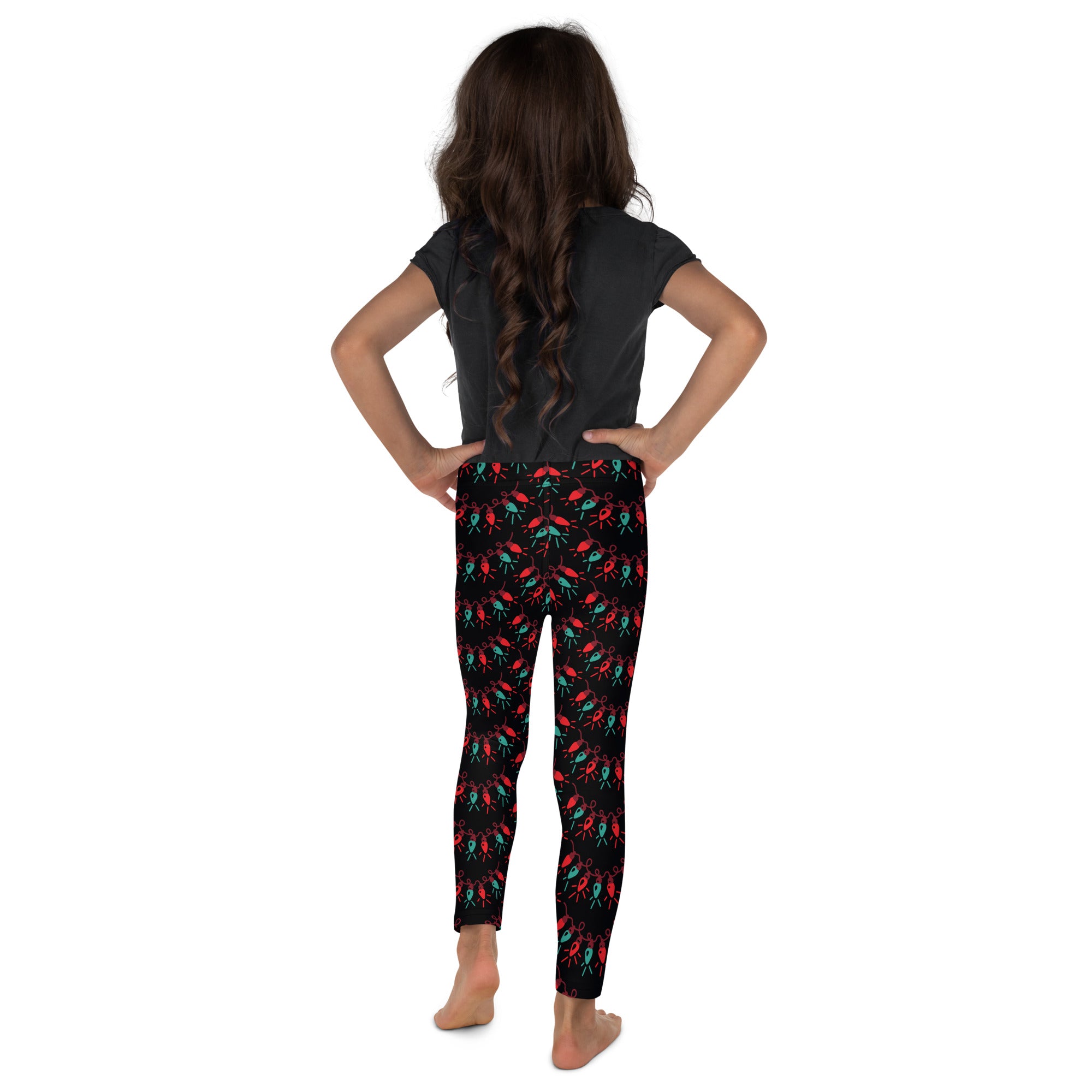 Black kids christmas lights buttery soft leggings with vibrant red and teal insect pattern