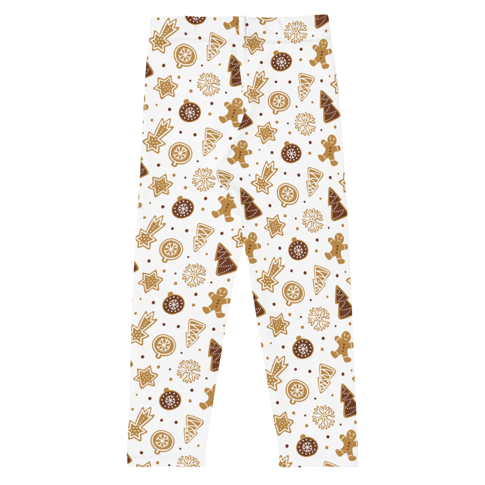 Kids gingerbread christmas leggings in white buttery soft fabric with festive brown gingerbread men trees and stars pattern