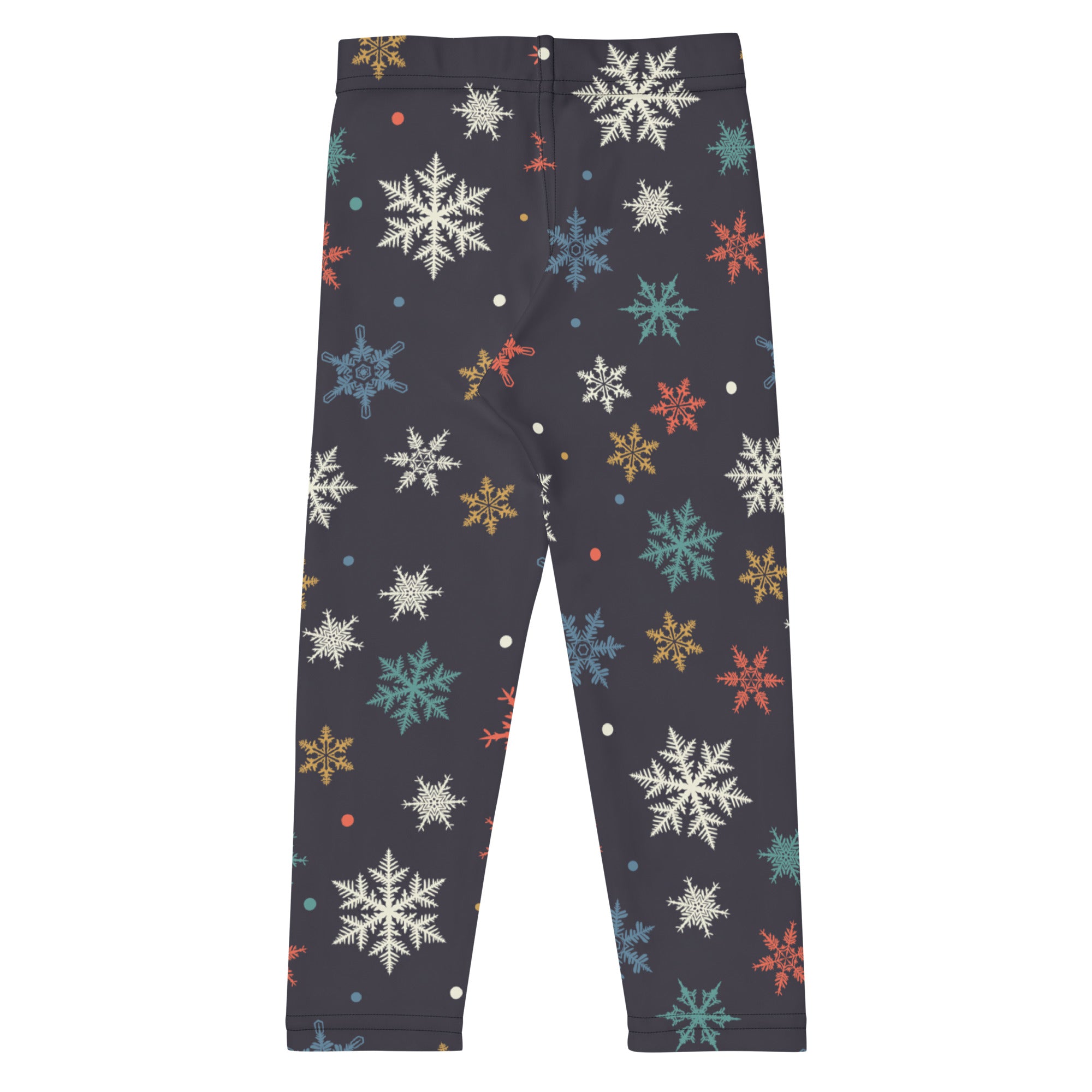 Dark gray kids christmas leggings with colorful white teal orange and gold snowflakes festive holiday pattern