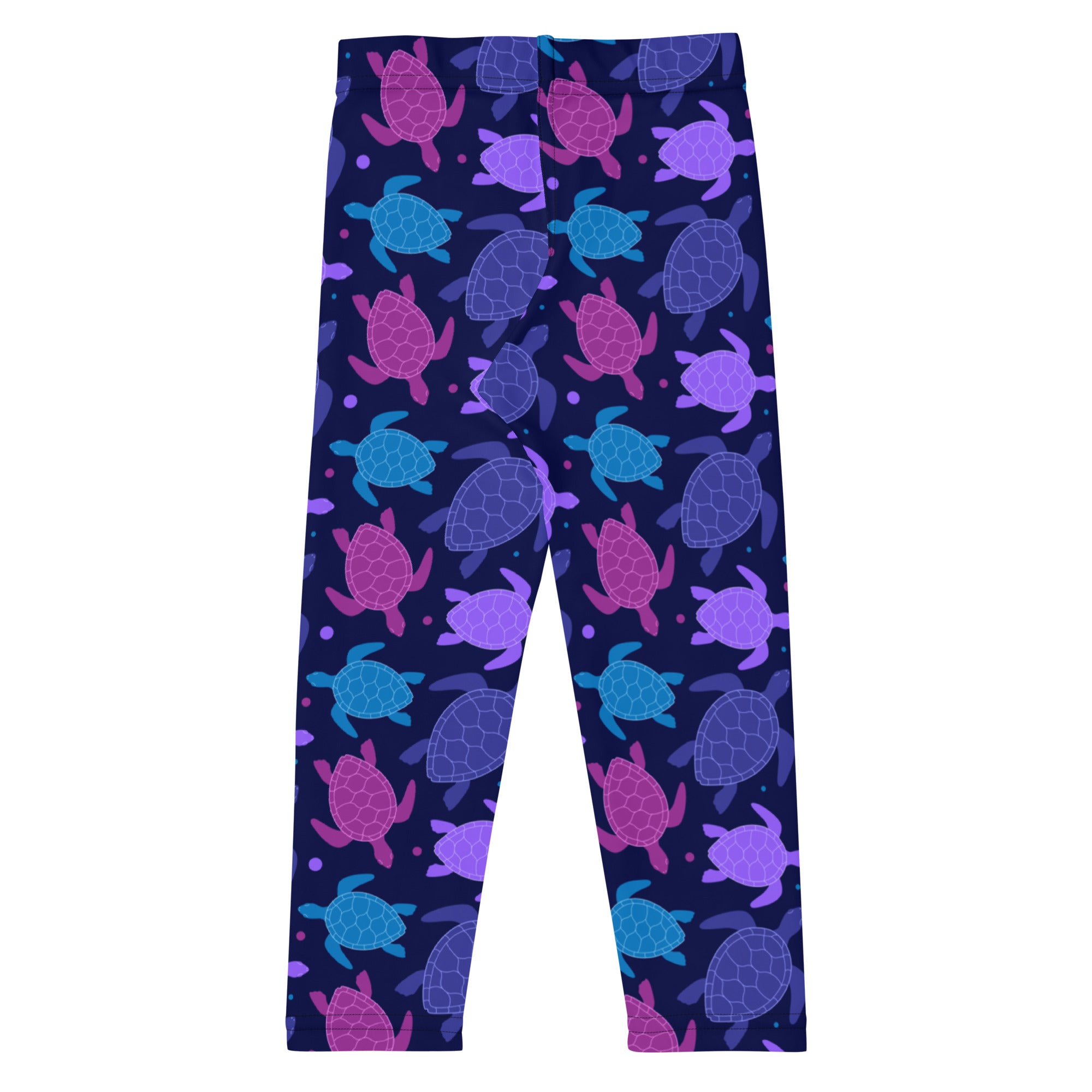 Girls purple sea turtle leggings with blue pattern on dark navy background made from buttery soft fabric