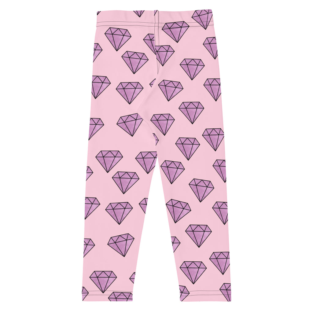 Girls purple diamonds buttery soft leggings in pink with a repeating pattern of purple diamond shapes outlined in black