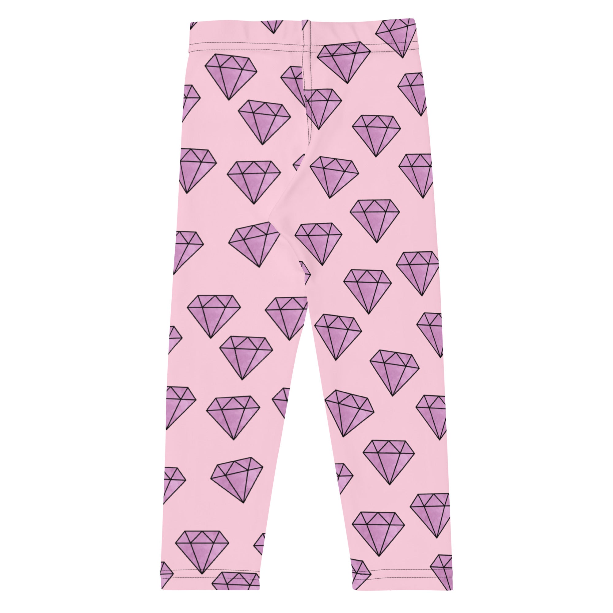 Girls purple diamonds buttery soft leggings in pink with a repeating pattern of purple diamond shapes outlined in black