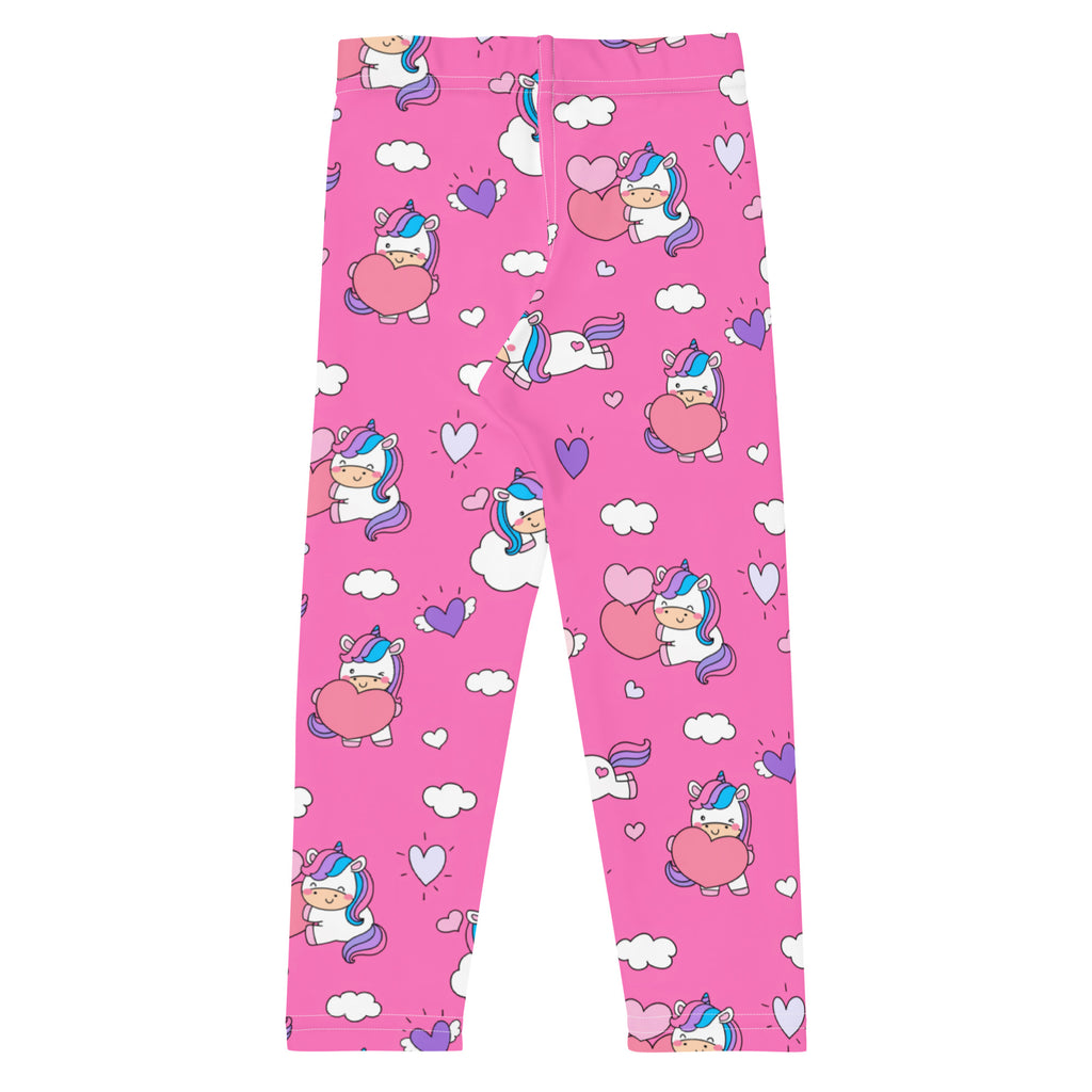 Girls unicorn hearts buttery soft leggings in pink with playful cartoon unicorns holding hearts and cloud patterns