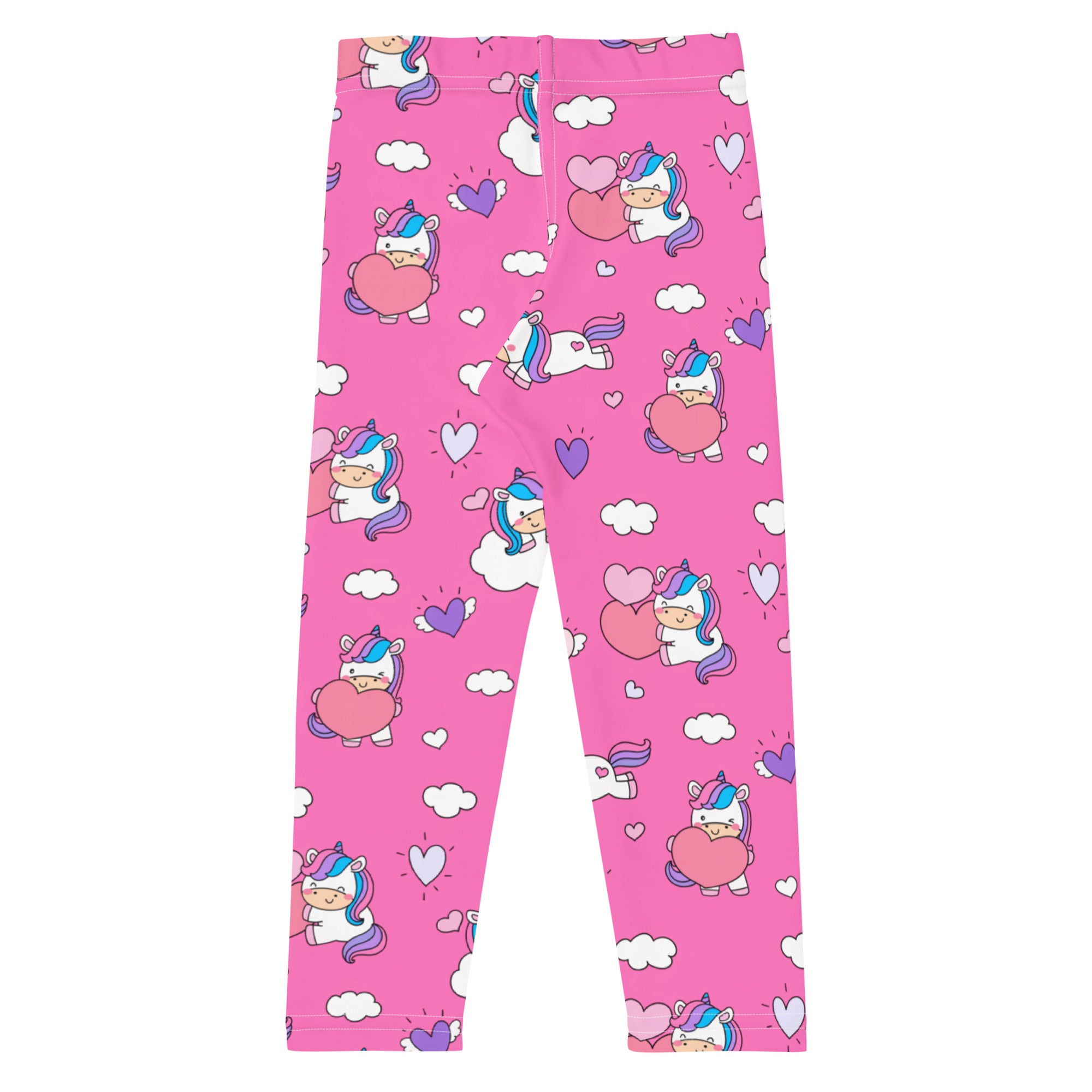 Girls unicorn hearts buttery soft leggings in pink with playful cartoon unicorns holding hearts and cloud patterns